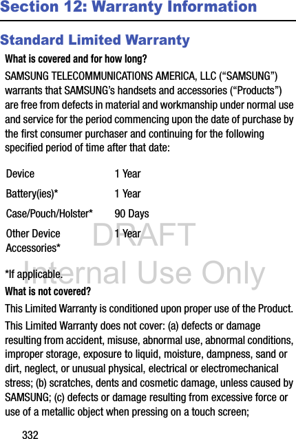 DRAFT Internal Use Only332Section 12: Warranty InformationStandard Limited WarrantyWhat is covered and for how long?SAMSUNG TELECOMMUNICATIONS AMERICA, LLC (“SAMSUNG”) warrants that SAMSUNG’s handsets and accessories (“Products”) are free from defects in material and workmanship under normal use and service for the period commencing upon the date of purchase by the first consumer purchaser and continuing for the following specified period of time after that date:*If applicable.What is not covered?This Limited Warranty is conditioned upon proper use of the Product. This Limited Warranty does not cover: (a) defects or damage resulting from accident, misuse, abnormal use, abnormal conditions, improper storage, exposure to liquid, moisture, dampness, sand or dirt, neglect, or unusual physical, electrical or electromechanical stress; (b) scratches, dents and cosmetic damage, unless caused by SAMSUNG; (c) defects or damage resulting from excessive force or use of a metallic object when pressing on a touch screen; Device 1 YearBattery(ies)* 1 YearCase/Pouch/Holster* 90 DaysOther Device Accessories*1 Year