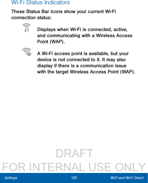                  DRAFT FOR INTERNAL USE ONLY120 Wi-Fi and Wi-Fi DirectSettingsWi-Fi Status IndicatorsThese Status Bar icons show your current Wi-Fi connection status:  Displays when Wi-Fi is connected, active, and communicating with a Wireless Access Point (WAP).  A Wi-Fi access point is available, but your device is not connected to it. It may also display if there is a communication issue with the target Wireless Access Point (WAP).