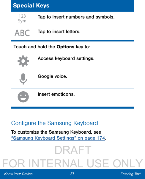                  DRAFT FOR INTERNAL USE ONLYSpecial Keys123SymTap to insert numbers and symbols.ABCABCTap to insert letters.Touch and hold the Options key to:Access keyboard settings.Google voice.Insert emoticons.Conﬁgure the Samsung KeyboardTo customize the Samsung Keyboard, see “Samsung Keyboard Settings” on page 174.37 Entering TextKnow Your Device