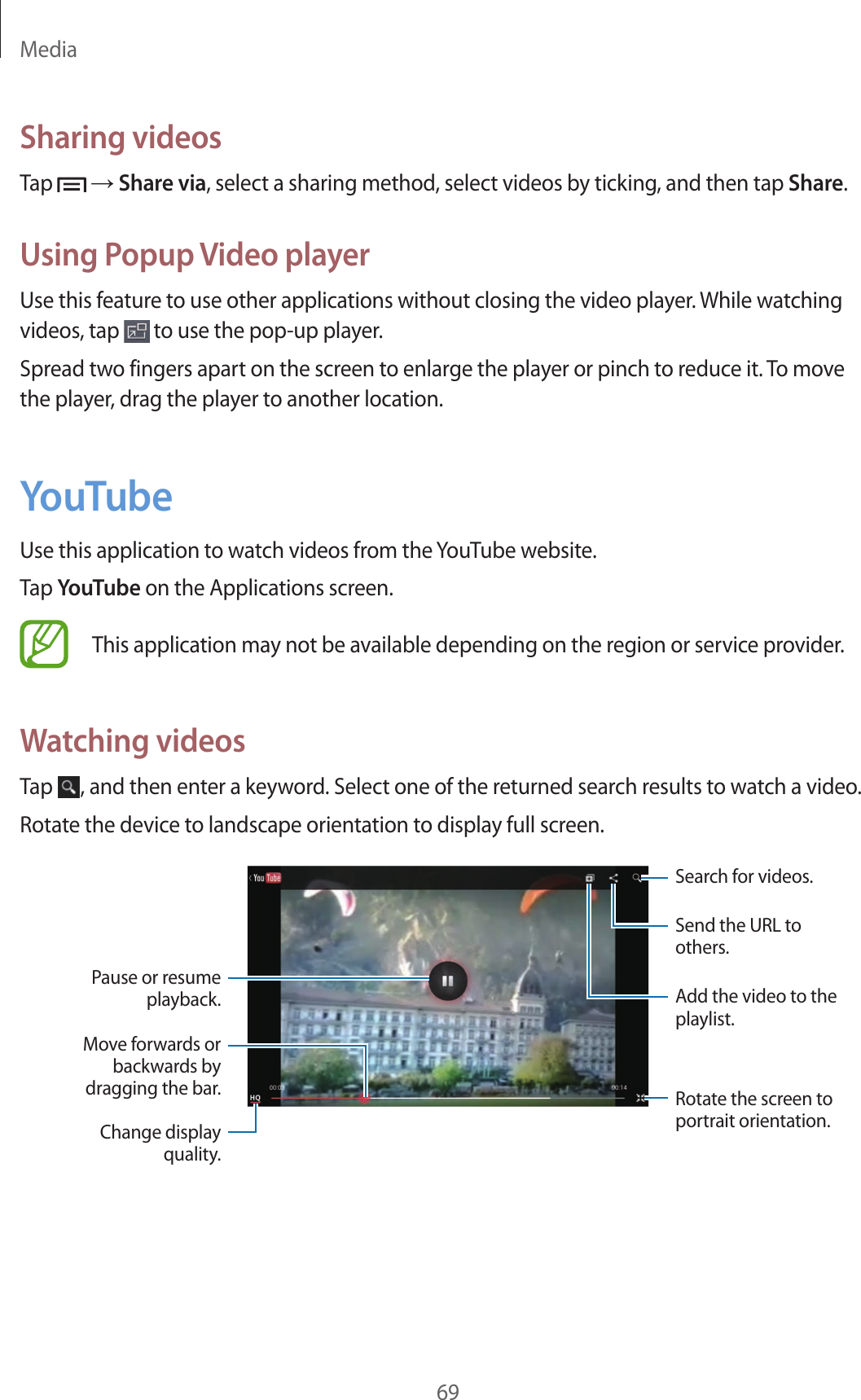 Media69Sharing videosTap   → Share via, select a sharing method, select videos by ticking, and then tap Share.Using Popup Video playerUse this feature to use other applications without closing the video player. While watching videos, tap   to use the pop-up player.Spread two fingers apart on the screen to enlarge the player or pinch to reduce it. To move the player, drag the player to another location.YouTubeUse this application to watch videos from the YouTube website.Tap YouTube on the Applications screen.This application may not be available depending on the region or service provider.Watching videosTap  , and then enter a keyword. Select one of the returned search results to watch a video.Rotate the device to landscape orientation to display full screen.Pause or resume playback.Move forwards or backwards by dragging the bar.Change display quality.Add the video to the playlist.Rotate the screen to portrait orientation.Send the URL to others.Search for videos.