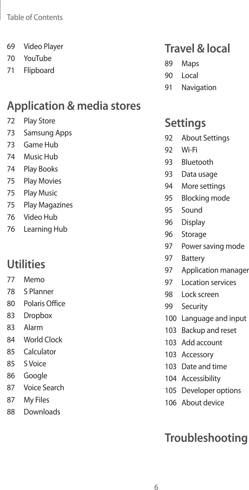Table of Contents6Travel &amp; local89 Maps90 Local91 NavigationSettings92  About Settings92 Wi-Fi93 Bluetooth93  Data usage94  More settings95  Blocking mode95 Sound96 Display96 Storage97  Power saving mode97 Battery97  Application manager97  Location services98  Lock screen99 Security100  Language and input103  Backup and reset103  Add account103 Accessory103  Date and time104 Accessibility105  Developer options106  About deviceTroubleshooting69  Video Player70 YouTube71 FlipboardApplication &amp; media stores72  Play Store73  Samsung Apps73  Game Hub74  Music Hub74  Play Books75  Play Movies75  Play Music75  Play Magazines76  Video Hub76  Learning HubUtilities77 Memo78  S Planner80  Polaris Office83 Dropbox83 Alarm84  World Clock85 Calculator85  S Voice86 Google87  Voice Search87  My Files88 Downloads