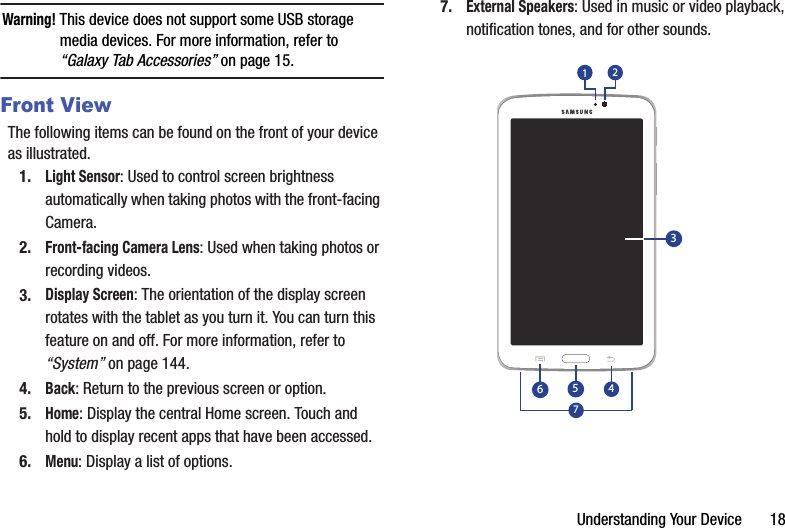 Understanding Your Device       18Warning! This device does not support some USB storage media devices. For more information, refer to “Galaxy Tab Accessories” on page 15.Front ViewThe following items can be found on the front of your device as illustrated.1.Light Sensor: Used to control screen brightness automatically when taking photos with the front-facing Camera.2.Front-facing Camera Lens: Used when taking photos or recording videos.3.Display Screen: The orientation of the display screen rotates with the tablet as you turn it. You can turn this feature on and off. For more information, refer to “System” on page 144.4.Back: Return to the previous screen or option.5.Home: Display the central Home screen. Touch and hold to display recent apps that have been accessed.6.Menu: Display a list of options.7.External Speakers: Used in music or video playback, notification tones, and for other sounds.17412356