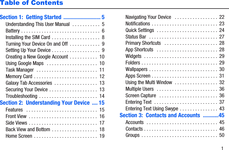        1Table of ContentsSection 1:  Getting Started .......................... 5Understanding This User Manual  . . . . . . . . . . .  5Battery . . . . . . . . . . . . . . . . . . . . . . . . . . . . . . .  6Installing the SIM Card . . . . . . . . . . . . . . . . . . .  8Turning Your Device On and Off  . . . . . . . . . . . .  9Setting Up Your Device . . . . . . . . . . . . . . . . . . .  9Creating a New Google Account  . . . . . . . . . . .  10Using Google Maps   . . . . . . . . . . . . . . . . . . . .  10Task Manager  . . . . . . . . . . . . . . . . . . . . . . . .  11Memory Card . . . . . . . . . . . . . . . . . . . . . . . . .  12Galaxy Tab Accessories  . . . . . . . . . . . . . . . . .  13Securing Your Device . . . . . . . . . . . . . . . . . . .  13Troubleshooting  . . . . . . . . . . . . . . . . . . . . . . .  14Section 2:  Understanding Your Device  .... 15Features   . . . . . . . . . . . . . . . . . . . . . . . . . . . .  15Front View  . . . . . . . . . . . . . . . . . . . . . . . . . . .  16Side Views . . . . . . . . . . . . . . . . . . . . . . . . . . .  17Back View and Bottom  . . . . . . . . . . . . . . . . . .  18Home Screen  . . . . . . . . . . . . . . . . . . . . . . . . .  19Navigating Your Device   . . . . . . . . . . . . . . . . .  22Notifications . . . . . . . . . . . . . . . . . . . . . . . . . .  23Quick Settings  . . . . . . . . . . . . . . . . . . . . . . . .  24Status Bar   . . . . . . . . . . . . . . . . . . . . . . . . . . .  27Primary Shortcuts   . . . . . . . . . . . . . . . . . . . . .  28App Shortcuts   . . . . . . . . . . . . . . . . . . . . . . . .  28Widgets  . . . . . . . . . . . . . . . . . . . . . . . . . . . . .  29Folders . . . . . . . . . . . . . . . . . . . . . . . . . . . . . .  29Wallpapers . . . . . . . . . . . . . . . . . . . . . . . . . . .  30Apps Screen . . . . . . . . . . . . . . . . . . . . . . . . . .  31Using the Multi Window  . . . . . . . . . . . . . . . . .  32Multiple Users   . . . . . . . . . . . . . . . . . . . . . . . .  36Screen Capture   . . . . . . . . . . . . . . . . . . . . . . .  36Entering Text  . . . . . . . . . . . . . . . . . . . . . . . . .  37Entering Text Using Swype . . . . . . . . . . . . . . .  43Section 3:  Contacts and Accounts  ...........45Accounts  . . . . . . . . . . . . . . . . . . . . . . . . . . . .  45Contacts . . . . . . . . . . . . . . . . . . . . . . . . . . . . .  46Groups  . . . . . . . . . . . . . . . . . . . . . . . . . . . . . .  50