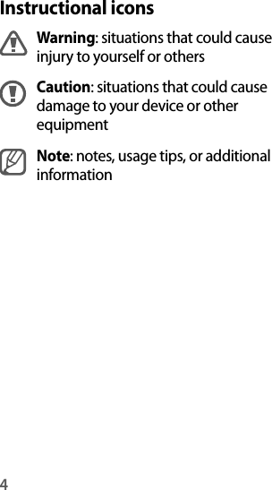 4Instructional iconsWarning: situations that could cause injury to yourself or othersCaution: situations that could cause damage to your device or other equipmentNote: notes, usage tips, or additional information