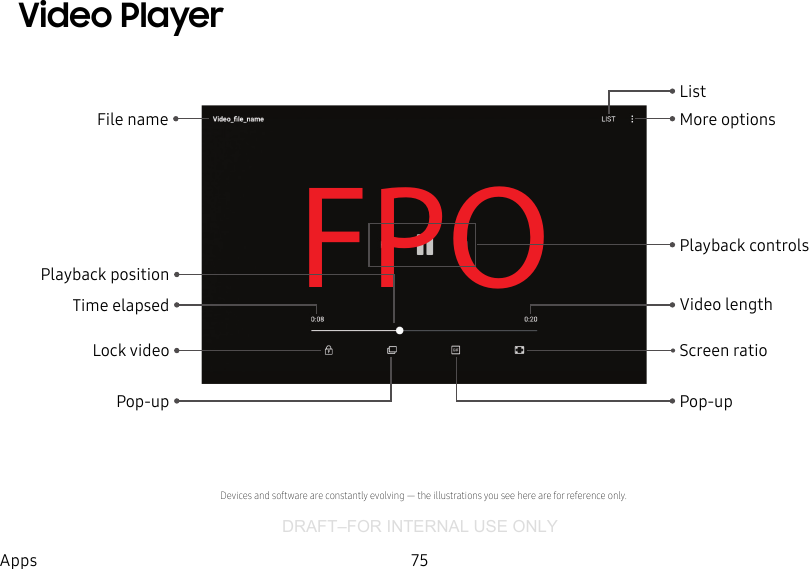 DRAFT–FOR INTERNAL USE ONLY75AppsVideo PlayerFPOFile name More optionsListPlayback controlsVideo lengthLock videoPlayback positionDevices and software are constantly evolving — the illustrations you see here are for reference only.Time elapsedPop-up Pop-upScreen ratio