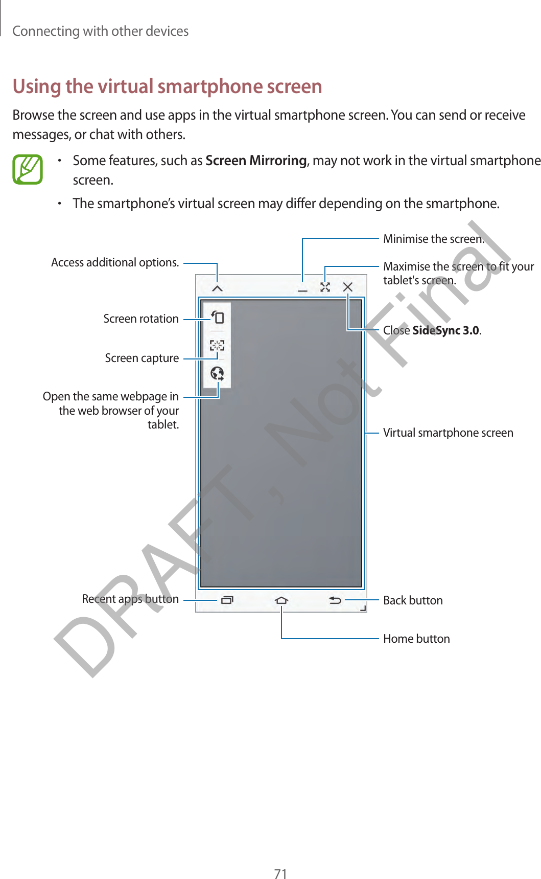 Connecting with other devices71Using the virtual smartphone screenBrowse the screen and use apps in the virtual smartphone screen. You can send or receive messages, or chat with others.•Some features, such as Screen Mirroring, may not work in the virtual smartphonescreen.•The smartphone’s virtual screen may differ depending on the smartphone.Close SideSync 3.0.Virtual smartphone screenBack buttonHome buttonRecent apps buttonScreen rotationAccess additional options.Screen captureOpen the same webpage in the web browser of your tablet.Minimise the screen.Maximise the screen to fit your tablet&apos;s screen.DRAFT, Not Final