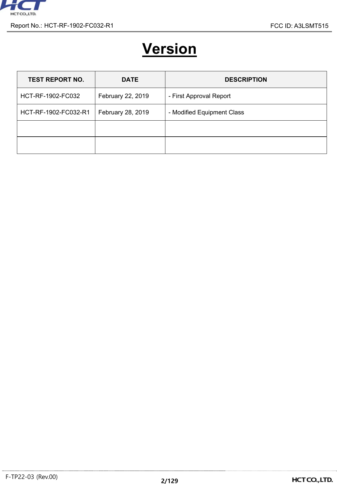 Report No.: HCT-RF-1902-FC032-R1 FCC ID: A3LSMT515 F-TP22-03 (Rev.00) 2/129 Version TEST REPORT NO. DATE DESCRIPTION HCT-RF-1902-FC032 February 22, 2019 - First Approval Report HCT-RF-1902-FC032-R1 February 28, 2019 - Modified Equipment Class