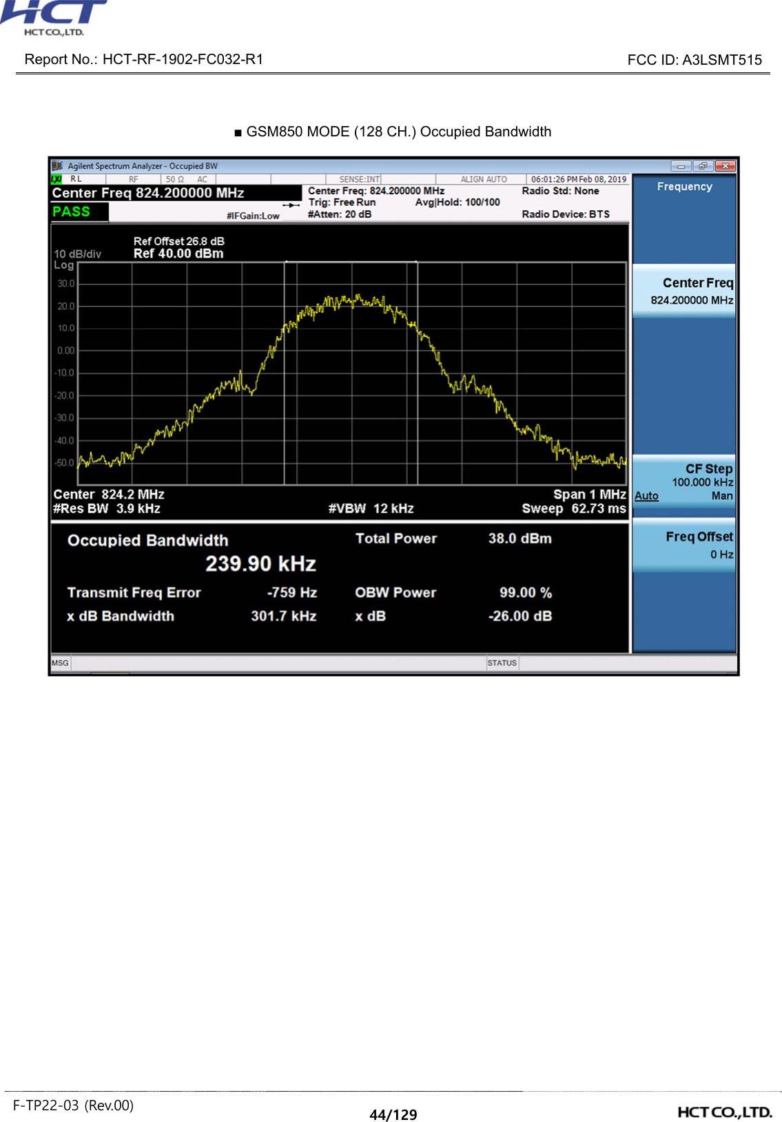 Report No.: HCT-RF-1902-FC032-R1 FCC ID: A3LSMT515 F-TP22-03 (Rev.00) 44/129 ■ GSM850 MODE (128 CH.) Occupied Bandwidth