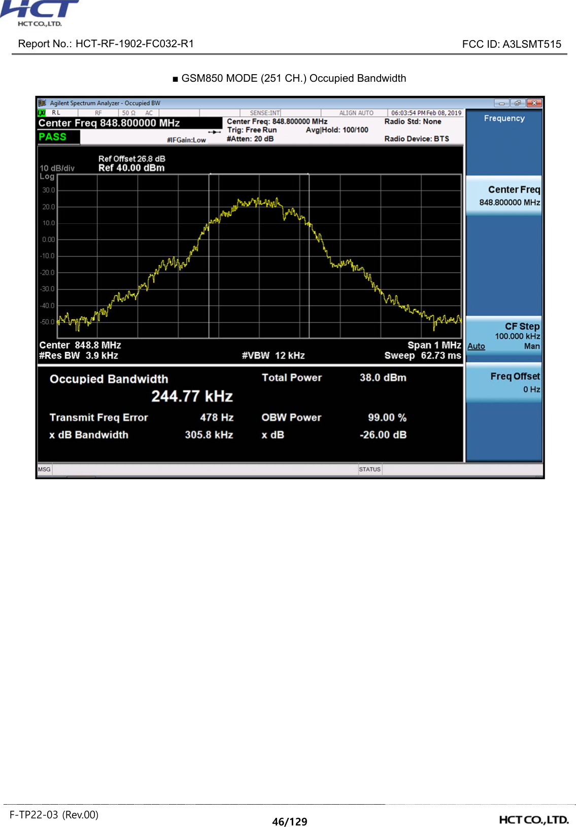 Report No.: HCT-RF-1902-FC032-R1 FCC ID: A3LSMT515 F-TP22-03 (Rev.00) 46/129 ■ GSM850 MODE (251 CH.) Occupied Bandwidth