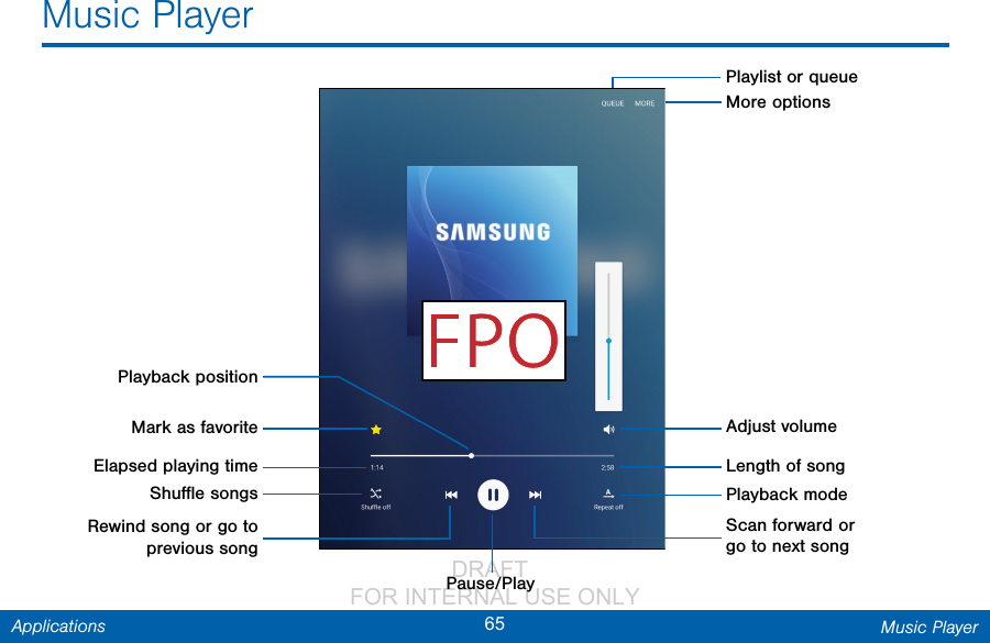                 DRAFT FOR INTERNAL USE ONLY65 Music PlayerApplicationsRewind song or go to previoussongScan forward or gotonext songPause/PlayMore optionsLength of songAdjust volumeElapsed playing timeMark as favoritePlayback positionPlaylist or queueShuﬄe songs Playback modeMusic Player