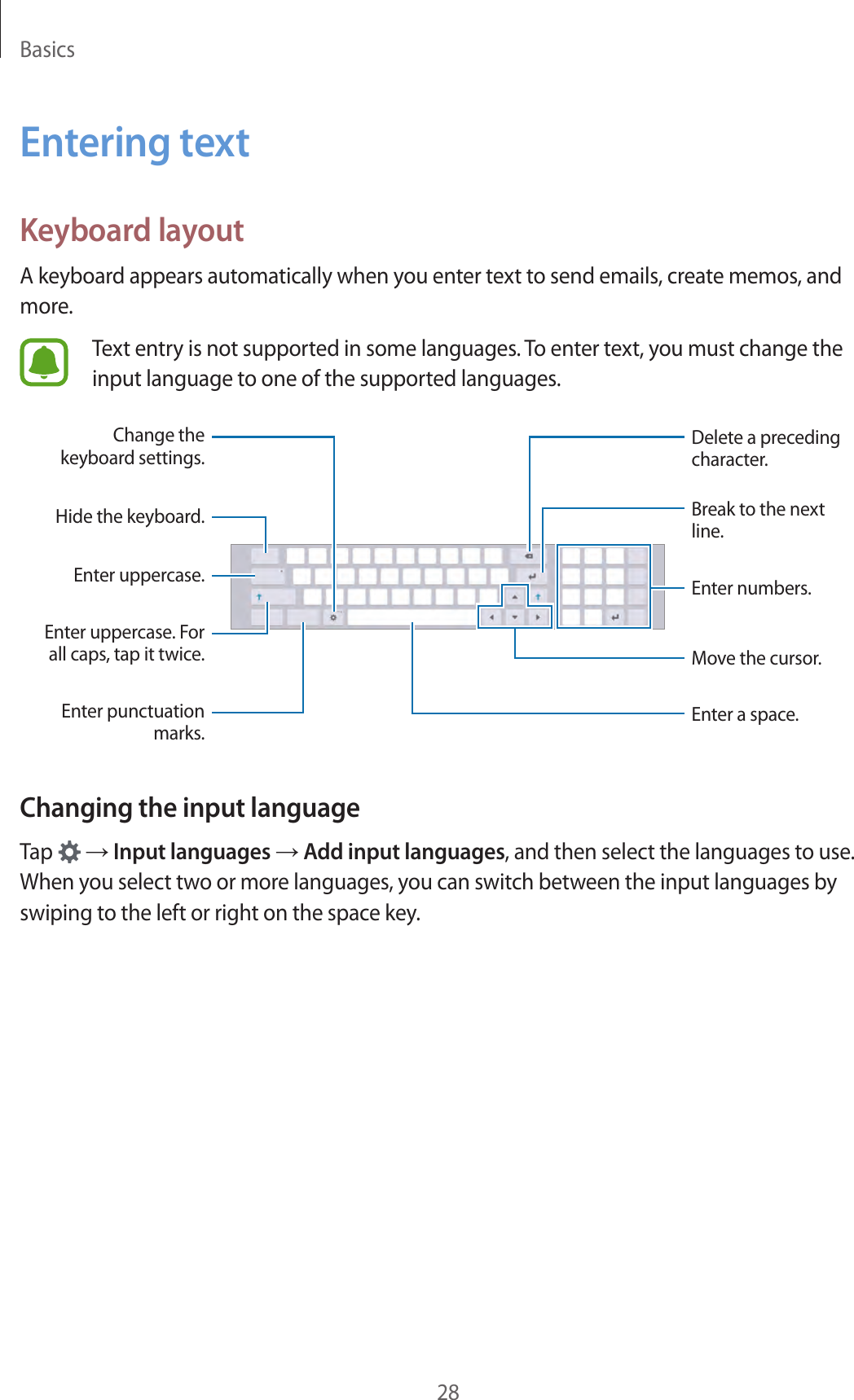 Basics28Entering textKeyboard layoutA keyboard appears automatically when you enter text to send emails, create memos, and more.Text entry is not supported in some languages. To enter text, you must change the input language to one of the supported languages.Break to the next line.Enter numbers.Move the cursor.Delete a preceding character.Hide the keyboard.Enter punctuation marks.Enter uppercase.Enter uppercase. For all caps, tap it twice.Change the keyboard settings.Enter a space.Changing the input languageTap → Input languages → Add input languages, and then select the languages to use. When you select two or more languages, you can switch between the input languages by swiping to the left or right on the space key.