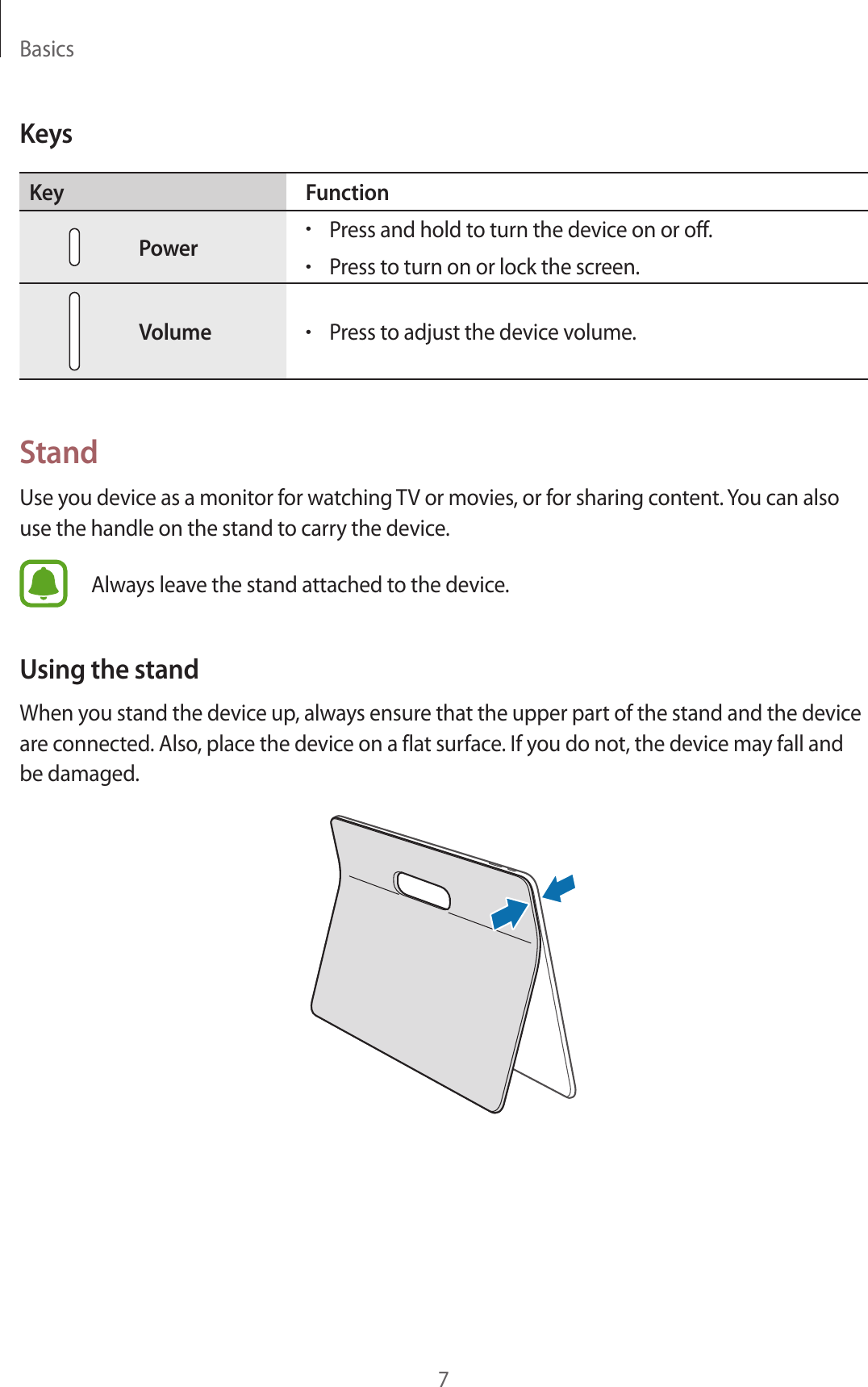 Basics7KeysKey FunctionPower•Press and hold to turn the device on or off.•Press to turn on or lock the screen.Volume•Press to adjust the device volume.StandUse you device as a monitor for watching TV or movies, or for sharing content. You can also use the handle on the stand to carry the device.Always leave the stand attached to the device.Using the standWhen you stand the device up, always ensure that the upper part of the stand and the device are connected. Also, place the device on a flat surface. If you do not, the device may fall and be damaged.
