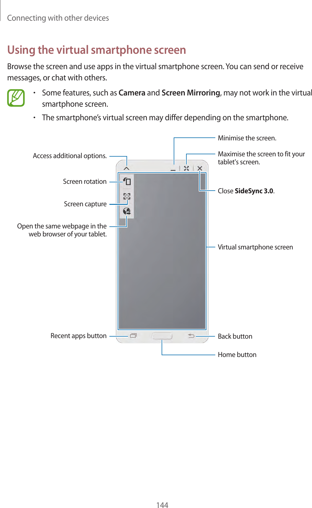 Connecting with other devices144Using the virtual smartphone screenBrowse the screen and use apps in the virtual smartphone screen. You can send or receive messages, or chat with others.•Some features, such as Camera and Screen Mirroring, may not work in the virtual smartphone screen.•The smartphone’s virtual screen may differ depending on the smartphone.Close SideSync 3.0.Virtual smartphone screenBack buttonHome buttonRecent apps buttonScreen rotationAccess additional options.Screen captureOpen the same webpage in the web browser of your tablet.Minimise the screen.Maximise the screen to fit your tablet's screen.