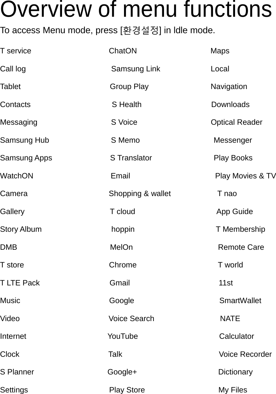 Overview of menu functions To access Menu mode, press [환경설정] in ldle mode.  T service                    ChatON                   Maps  Call log                                            Samsung Link             Local  Tablet                       Group Play                Navigation  Contacts                     S Health                  Downloads  Messaging                   S Voice                   Optical Reader  Samsung Hub                S Memo                   Messenger  Samsung Apps                              S Translator                                Play Books  WatchON                    Email                      Play Movies &amp; TV  Camera                                          Shopping &amp; wallet                        T nao  Gallery                      T cloud                     App Guide  Story Album                  hoppin                     T Membership  DMB                        MelOn                      Remote Care  T store                      Chrome                     T world  T LTE Pack                  Gmail                       11st  Music                       Google                      SmartWallet  Video                       Voice Search                 NATE  Internet                     YouTube                     Calculator  Clock                       Talk                         Voice Recorder  S Planner                   Google+                     Dictionary  Settings                     Play Store                   My Files     