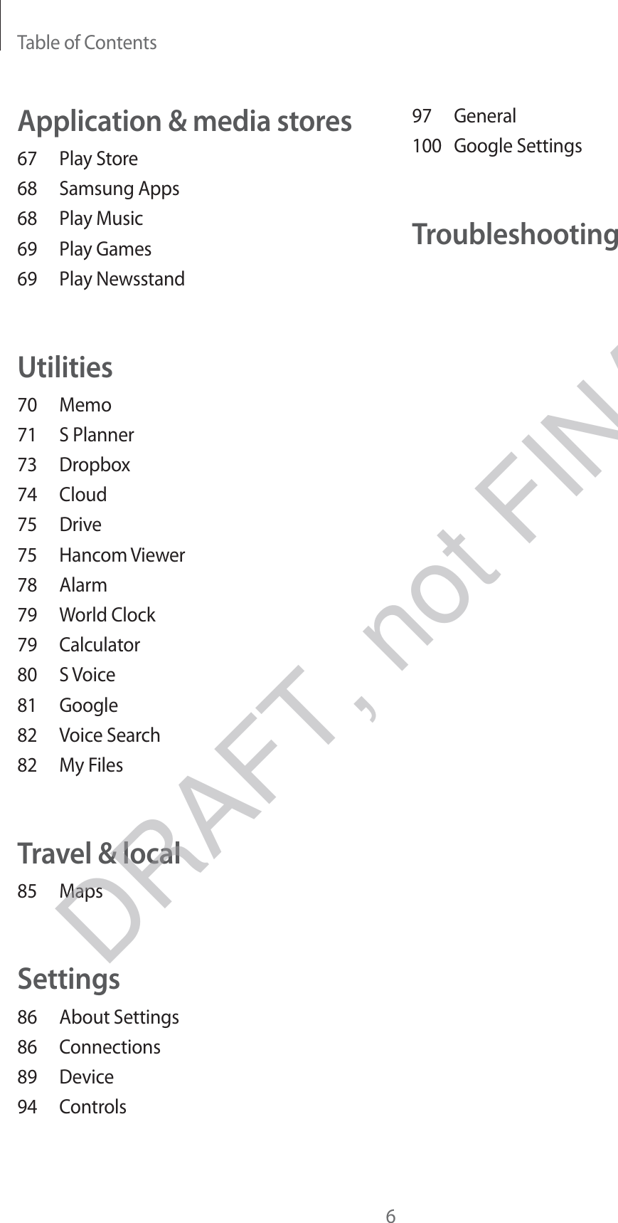 Table of Contents697 General100 Google SettingsTroubleshootingApplication &amp; media stores67 Play Store68 Samsung Apps68 Play Music69 Play Games69 Play NewsstandUtilities70 Memo71 S Planner73 Dropbox74 Cloud75 Drive75 Hancom Viewer78 Alarm79 World Clock79 Calculator80 S Voice81 Google82 Voice Search82 My FilesTravel &amp; local85 MapsSettings86 About Settings86 Connections89 Device94 ControlsDRAFT, not FINAL