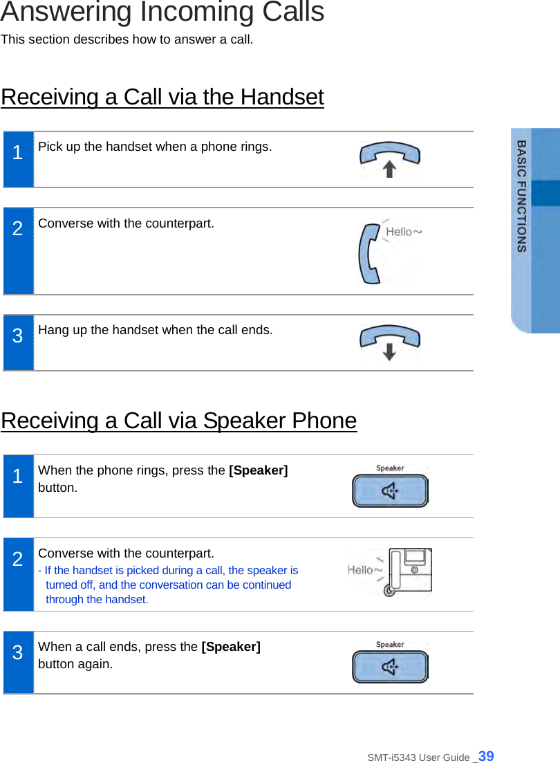  Answering Incoming Calls This section describes how to answer a call.  Receiving a Call via the Handset  1  Pick up the handset when a phone rings.   2  Converse with the counterpart.   3  Hang up the handset when the call ends.   Receiving a Call via Speaker Phone  1  When the phone rings, press the [Speaker] button.   2  Converse with the counterpart. - If the handset is picked during a call, the speaker is turned off, and the conversation can be continued through the handset.   3  When a call ends, press the [Speaker] button again.   SMT-i5343 User Guide _39 
