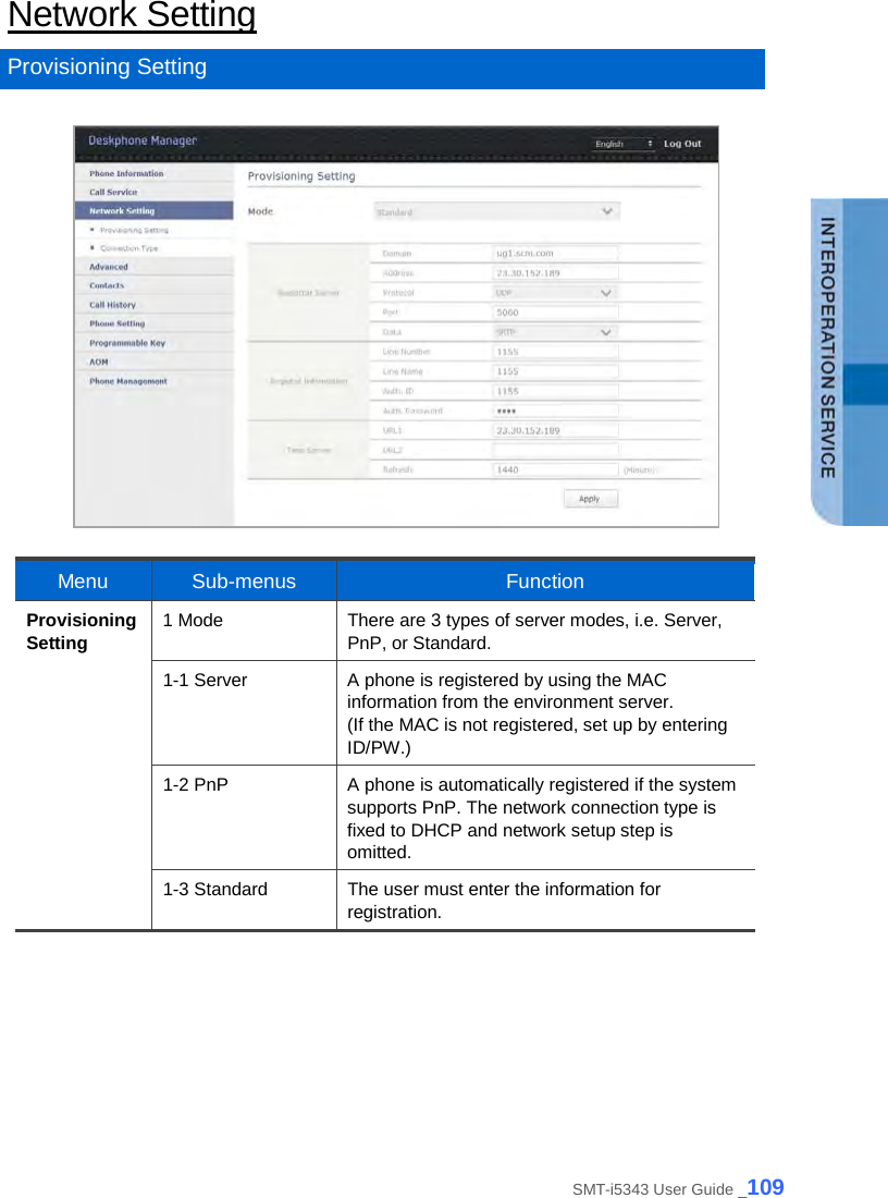  Network Setting Provisioning Setting   Menu Sub-menus Function Provisioning Setting 1 Mode There are 3 types of server modes, i.e. Server, PnP, or Standard. 1-1 Server A phone is registered by using the MAC information from the environment server.   (If the MAC is not registered, set up by entering ID/PW.) 1-2 PnP  A phone is automatically registered if the system supports PnP. The network connection type is fixed to DHCP and network setup step is omitted. 1-3 Standard The user must enter the information for registration.  SMT-i5343 User Guide _109 