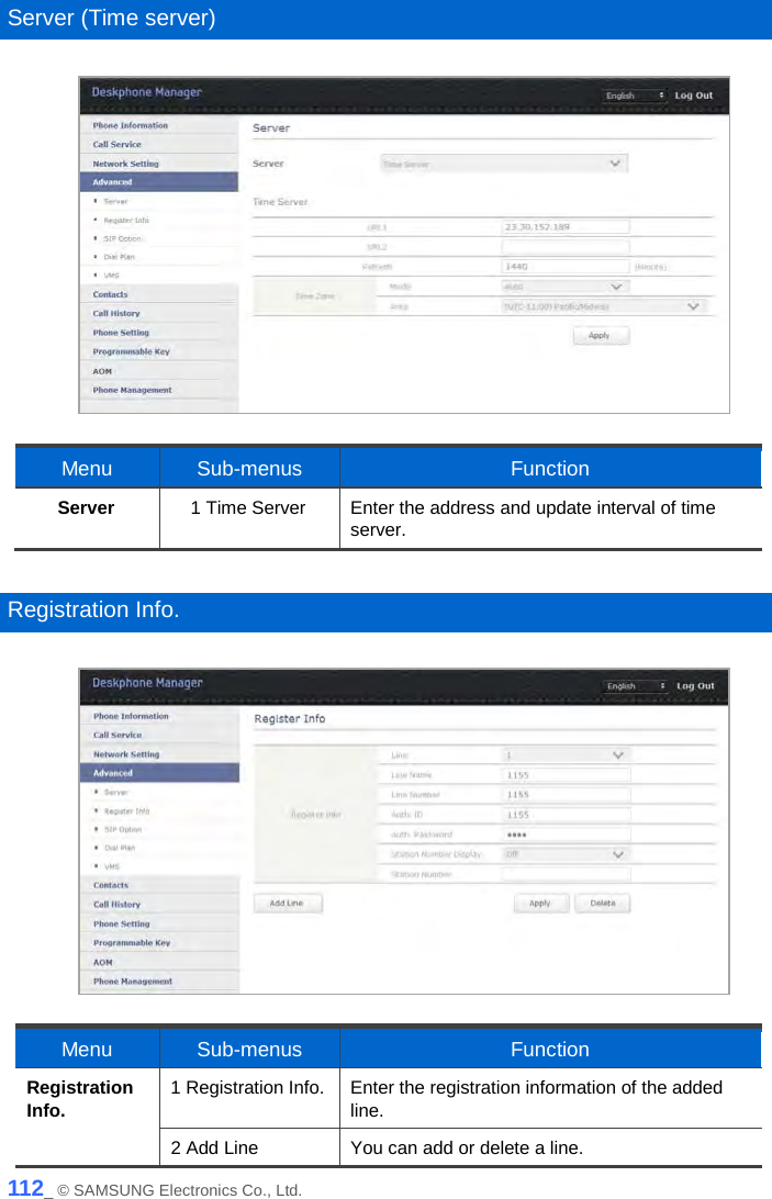   Server (Time server)   Menu  Sub-menus Function Server 1 Time Server Enter the address and update interval of time server.  Registration Info.   Menu Sub-menus Function Registration Info. 1 Registration Info. Enter the registration information of the added line. 2 Add Line You can add or delete a line. 112_ © SAMSUNG Electronics Co., Ltd. 