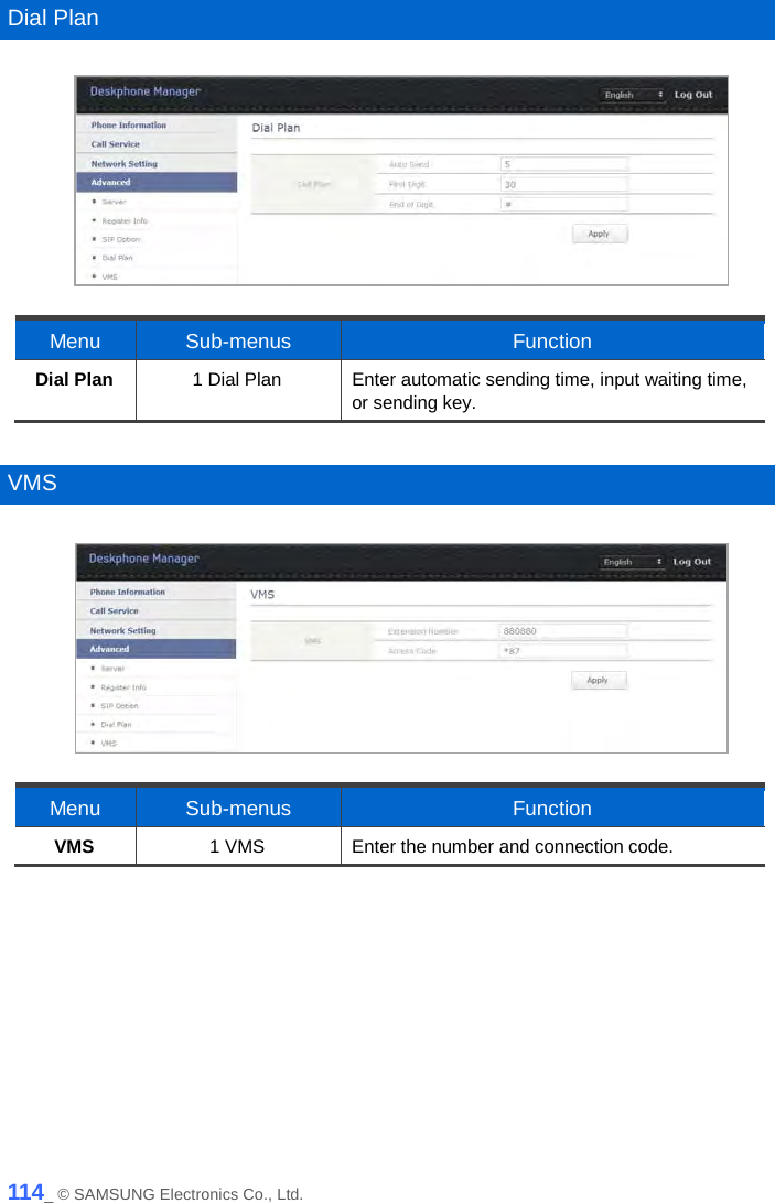   Dial Plan   Menu Sub-menus Function Dial Plan 1 Dial Plan Enter automatic sending time, input waiting time, or sending key.  VMS   Menu  Sub-menus Function VMS 1 VMS Enter the number and connection code.   114_ © SAMSUNG Electronics Co., Ltd. 