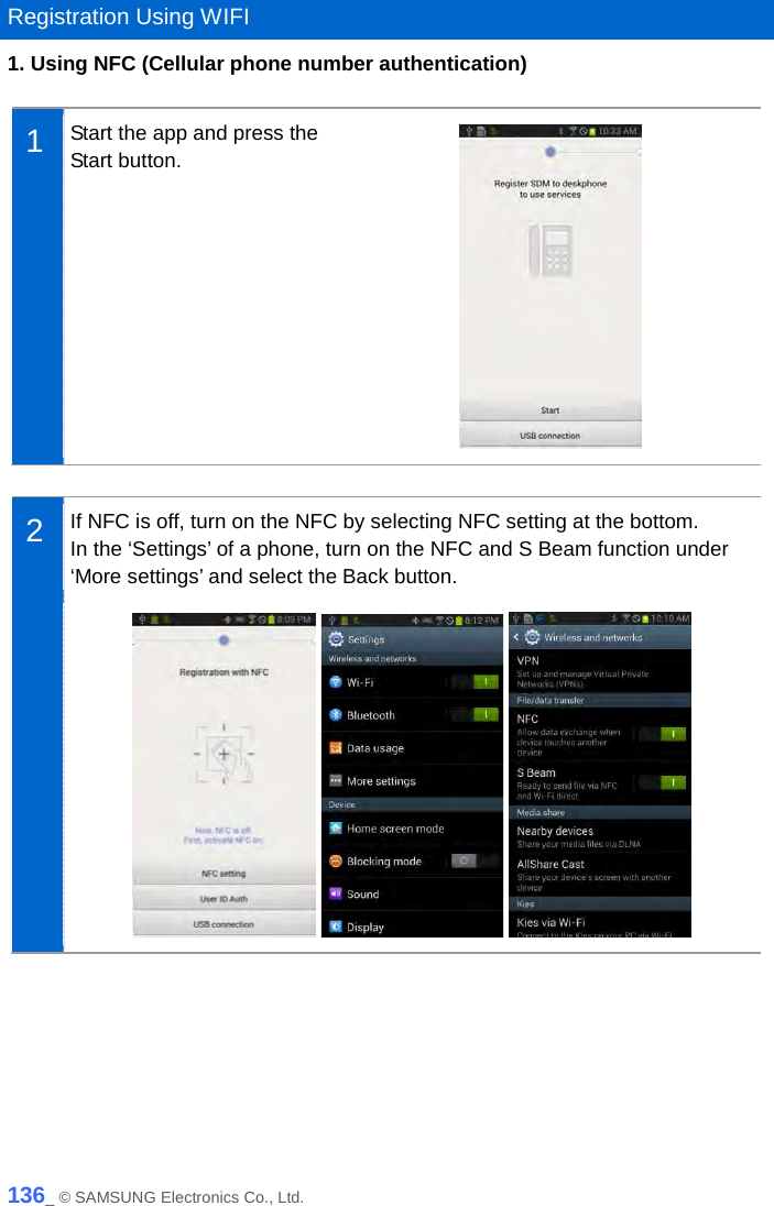   Registration Using WIFI 1. Using NFC (Cellular phone number authentication)  1  Start the app and press the Start button.   2  If NFC is off, turn on the NFC by selecting NFC setting at the bottom.   In the ‘Settings’ of a phone, turn on the NFC and S Beam function under ‘More settings’ and select the Back button.        136_ © SAMSUNG Electronics Co., Ltd. 