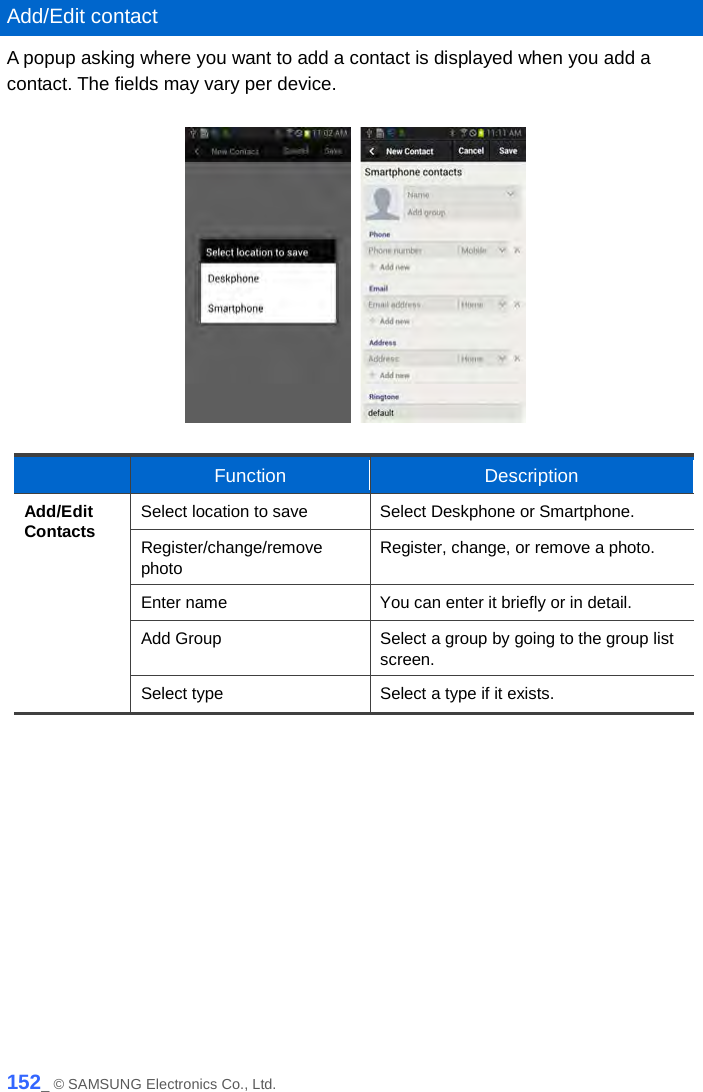   Add/Edit contact A popup asking where you want to add a contact is displayed when you add a contact. The fields may vary per device.         Function Description Add/Edit Contacts Select location to save Select Deskphone or Smartphone. Register/change/remove photo Register, change, or remove a photo. Enter name You can enter it briefly or in detail. Add Group Select a group by going to the group list screen. Select type Select a type if it exists.   152_ © SAMSUNG Electronics Co., Ltd. 