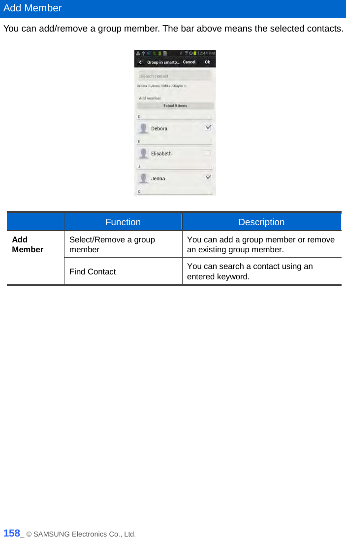  Add Member You can add/remove a group member. The bar above means the selected contacts.     Function Description Add Member Select/Remove a group member You can add a group member or remove an existing group member. Find Contact You can search a contact using an entered keyword.  158_ © SAMSUNG Electronics Co., Ltd. 