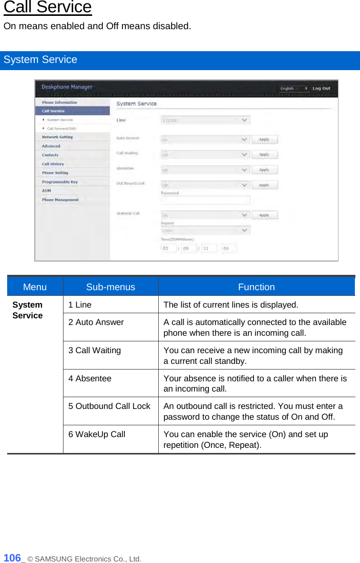  Call Service On means enabled and Off means disabled.  System Service  Menu  Sub-menus Function System Service 1 Line The list of current lines is displayed. 2 Auto Answer A call is automatically connected to the available phone when there is an incoming call. 3 Call Waiting You can receive a new incoming call by making a current call standby. 4 Absentee Your absence is notified to a caller when there is an incoming call. 5 Outbound Call Lock An outbound call is restricted. You must enter a password to change the status of On and Off. 6 WakeUp Call You can enable the service (On) and set up repetition (Once, Repeat).  106_ © SAMSUNG Electronics Co., Ltd. 