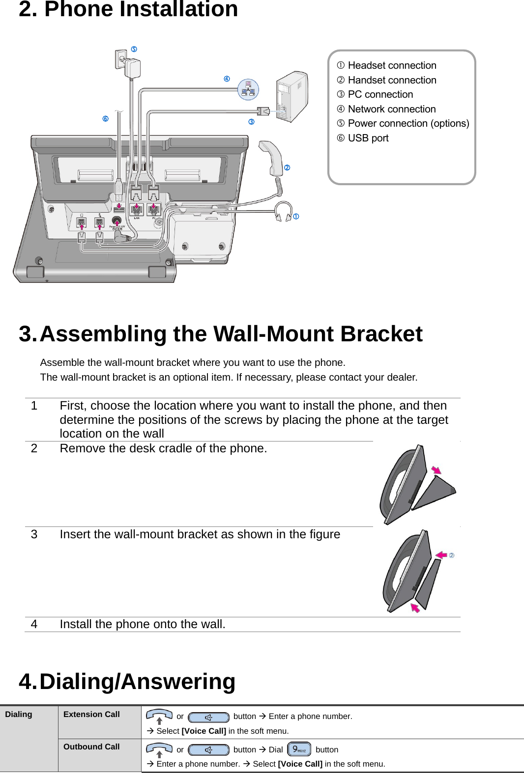 2.  Phone Installation         3. Assembling the Wall-Mount Bracket Assemble the wall-mount bracket where you want to use the phone. The wall-mount bracket is an optional item. If necessary, please contact your dealer.  1  First, choose the location where you want to install the phone, and then determine the positions of the screws by placing the phone at the target location on the wall 2  Remove the desk cradle of the phone.  3  Insert the wall-mount bracket as shown in the figure 4  Install the phone onto the wall.  4. Dialing/Answering Dialing  Extension Call   or   button  Enter a phone number.    Select [Voice Call] in the soft menu. Outbound Call   or   button  Dial   button   Enter a phone number.  Select [Voice Call] in the soft menu.  Headset connection  Handset connection  PC connection  Network connection  Power connection (options) USB port           
