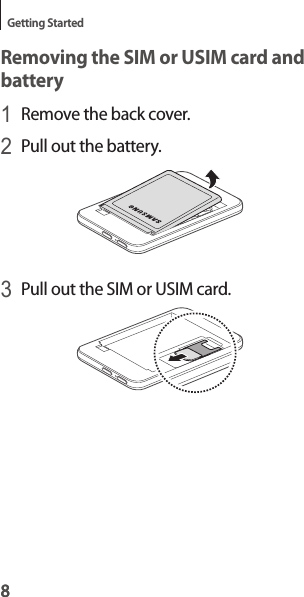 8Getting Started8Removing the SIM or USIM card and battery1 Remove the back cover.2 Pull out the battery.3 Pull out the SIM or USIM card.