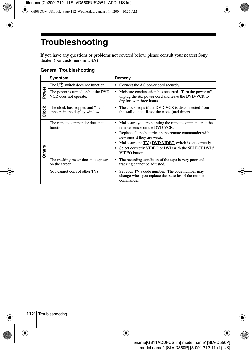 112 Troubleshootingfilename[GB11ADDI-US.fm] model name1[SLV-D550P]model name2 [SLV-D350P] [3-091-712-11 (1) US]filename[C:\3091712111SLVD550PUS\GB11ADDI-US.fm]TroubleshootingIf you have any questions or problems not covered below, please consult your nearest Sony dealer. (For customers in USA)General TroubleshootingSymptom RemedyPowerThe ?/1 switch does not function. &bull; Connect the AC power cord securely.The power is turned on but the DVD-VCR does not operate. &bull; Moisture condensation has occurred.  Turn the power off, unplug the AC power cord and leave the DVD-VCR to dry for over three hours.ClockThe clock has stopped and &ldquo;--:--&rdquo; appears in the display window. &bull; The clock stops if the DVD-VCR is disconnected from the wall outlet.  Reset the clock (and timer).OthersThe remote commander does not function.&bull; Make sure you are pointing the remote commander at the remote sensor on the DVD-VCR.&bull; Replace all the batteries in the remote commander with new ones if they are weak.&bull; Make sure the TV / DVD&middot;VIDEO switch is set correctly.&bull; Select correctly VIDEO or DVD with the SELECT DVD/VIDEO button.The tracking meter does not appear on the screen.&bull; The recording condition of the tape is very poor and tracking cannot be adjusted.You cannot control other TVs. &bull; Set your TV&rsquo;s code number.  The code number may change when you replace the batteries of the remote commander.GB03COV-US.book  Page 112  Wednesday, January 14, 2004  10:27 AM