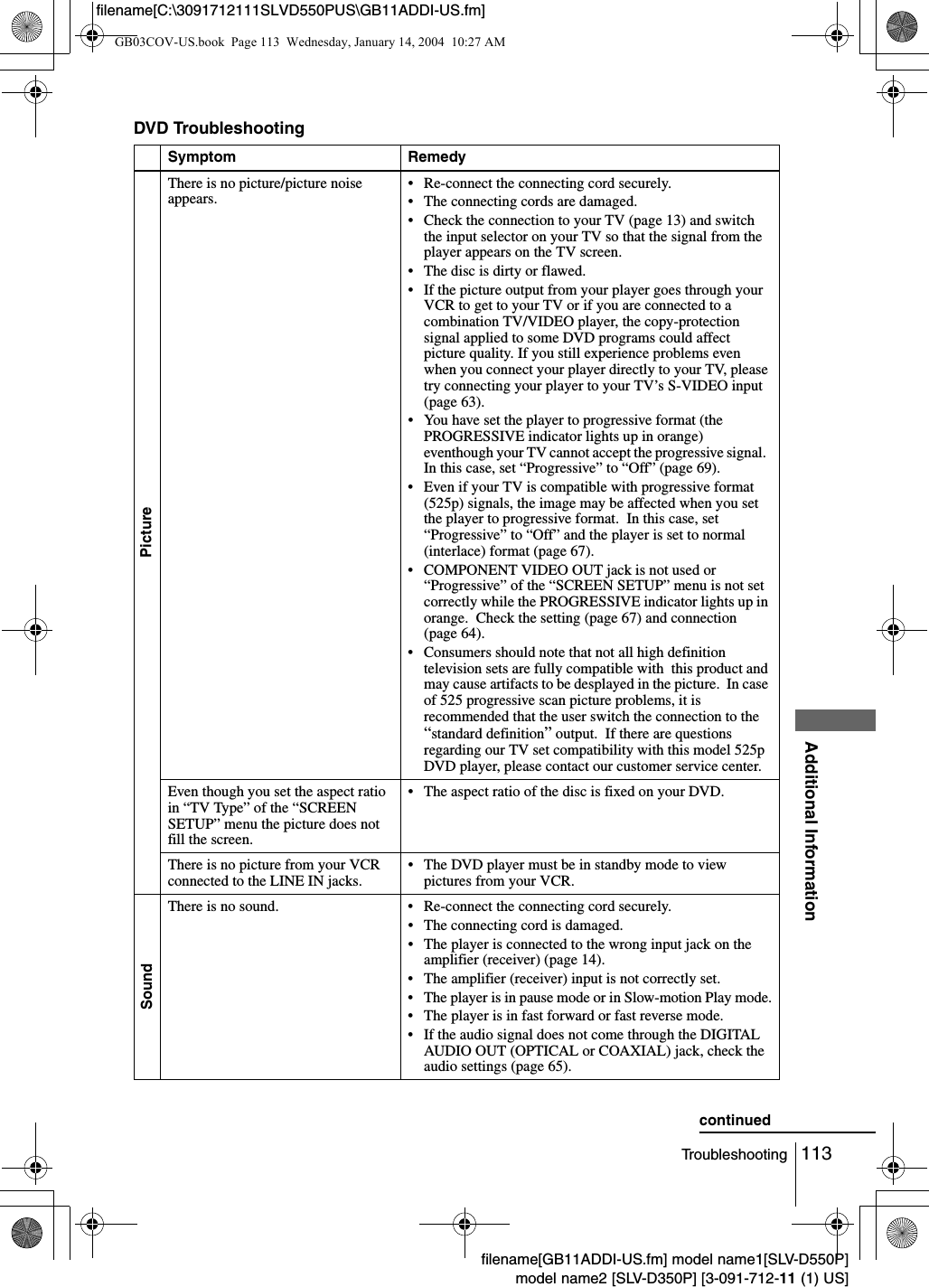 113TroubleshootingAdditional Informationfilename[GB11ADDI-US.fm] model name1[SLV-D550P]model name2 [SLV-D350P] [3-091-712-11 (1) US]filename[C:\3091712111SLVD550PUS\GB11ADDI-US.fm]DVD TroubleshootingSymptom RemedyPictureThere is no picture/picture noise appears. &bull; Re-connect the connecting cord securely.&bull; The connecting cords are damaged.&bull; Check the connection to your TV (page 13) and switch the input selector on your TV so that the signal from the player appears on the TV screen.&bull; The disc is dirty or flawed.&bull; If the picture output from your player goes through your VCR to get to your TV or if you are connected to a combination TV/VIDEO player, the copy-protection signal applied to some DVD programs could affect picture quality. If you still experience problems even when you connect your player directly to your TV, please try connecting your player to your TV&rsquo;s S-VIDEO input (page 63).&bull; You have set the player to progressive format (the PROGRESSIVE indicator lights up in orange) eventhough your TV cannot accept the progressive signal.  In this case, set &ldquo;Progressive&rdquo; to &ldquo;Off&rdquo; (page 69).&bull; Even if your TV is compatible with progressive format (525p) signals, the image may be affected when you set the player to progressive format.  In this case, set &ldquo;Progressive&rdquo; to &ldquo;Off&rdquo; and the player is set to normal (interlace) format (page 67).&bull; COMPONENT VIDEO OUT jack is not used or &ldquo;Progressive&rdquo; of the &ldquo;SCREEN SETUP&rdquo; menu is not set correctly while the PROGRESSIVE indicator lights up in orange.  Check the setting (page 67) and connection (page 64). &bull; Consumers should note that not all high definition television sets are fully compatible with  this product and may cause artifacts to be desplayed in the picture.  In case of 525 progressive scan picture problems, it is recommended that the user switch the connection to the  &ldquo;standard definition&rdquo; output.  If there are questions regarding our TV set compatibility with this model 525p DVD player, please contact our customer service center. Even though you set the aspect ratio in &ldquo;TV Type&rdquo; of the &ldquo;SCREEN SETUP&rdquo; menu the picture does not fill the screen.&bull; The aspect ratio of the disc is fixed on your DVD.There is no picture from your VCR connected to the LINE IN jacks. &bull; The DVD player must be in standby mode to view pictures from your VCR.SoundThere is no sound. &bull; Re-connect the connecting cord securely.&bull; The connecting cord is damaged.&bull; The player is connected to the wrong input jack on the amplifier (receiver) (page 14).&bull; The amplifier (receiver) input is not correctly set.&bull; The player is in pause mode or in Slow-motion Play mode.&bull; The player is in fast forward or fast reverse mode.&bull; If the audio signal does not come through the DIGITAL AUDIO OUT (OPTICAL or COAXIAL) jack, check the audio settings (page 65).continuedGB03COV-US.book  Page 113  Wednesday, January 14, 2004  10:27 AM