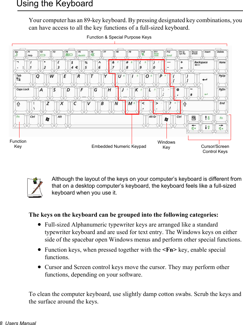 8  Users ManualUsing the KeyboardYour computer has an 89-key keyboard. By pressing designated key combinations, you can have access to all the key functions of a full-sized keyboard. Although the layout of the keys on your computer’s keyboard is different from that on a desktop computer’s keyboard, the keyboard feels like a full-sized keyboard when you use it. The keys on the keyboard can be grouped into the following categories:xFull-sized Alphanumeric typewriter keys are arranged like a standard typewriter keyboard and are used for text entry. The Windows keys on either side of the spacebar open Windows menus and perform other special functions. xFunction keys, when pressed together with the &lt;Fn&gt; key, enable special functions.xCursor and Screen control keys move the cursor. They may perform other functions, depending on your software.To clean the computer keyboard, use slightly damp cotton swabs. Scrub the keys and the surface around the keys. Embedded Numeric Keypad Cursor/Screen Control KeysWindows KeyFunction KeyFunction &amp; Special Purpose Keys