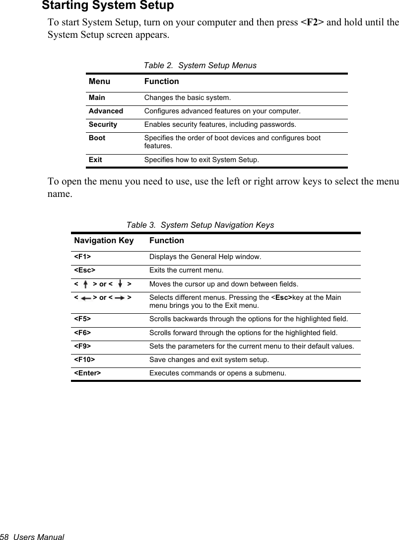 58  Users ManualStarting System SetupTo start System Setup, turn on your computer and then press &lt;F2&gt; and hold until the System Setup screen appears. Table 2.  System Setup MenusTo open the menu you need to use, use the left or right arrow keys to select the menu name. Table 3.  System Setup Navigation KeysMenu FunctionMain Changes the basic system.Advanced Configures advanced features on your computer.Security Enables security features, including passwords.Boot Specifies the order of boot devices and configures boot features.Exit Specifies how to exit System Setup.Navigation Key Function&lt;F1&gt; Displays the General Help window.&lt;Esc&gt; Exits the current menu.&lt;&gt; or &lt;&gt; Moves the cursor up and down between fields.&lt;&gt; or &lt;&gt; Selects different menus. Pressing the &lt;Esc&gt;key at the Main menu brings you to the Exit menu.&lt;F5&gt; Scrolls backwards through the options for the highlighted field.&lt;F6&gt; Scrolls forward through the options for the highlighted field.&lt;F9&gt; Sets the parameters for the current menu to their default values.&lt;F10&gt; Save changes and exit system setup.&lt;Enter&gt; Executes commands or opens a submenu.