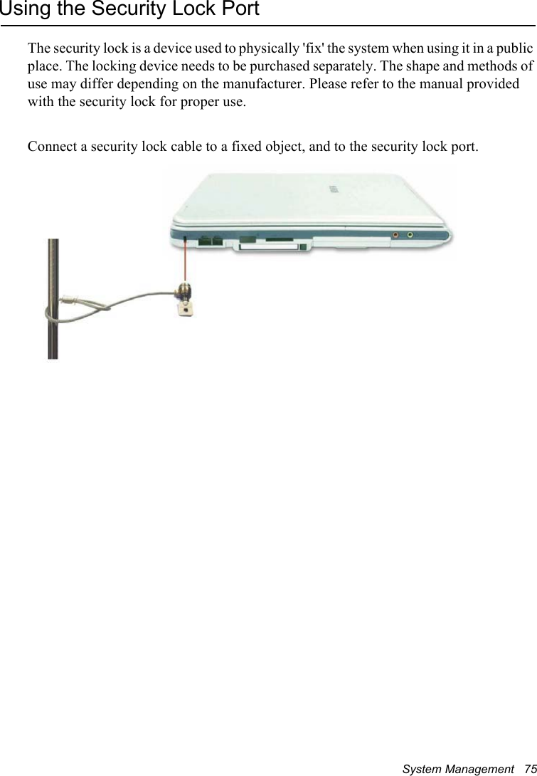 System Management   75Using the Security Lock PortThe security lock is a device used to physically &apos;fix&apos; the system when using it in a public place. The locking device needs to be purchased separately. The shape and methods of use may differ depending on the manufacturer. Please refer to the manual provided with the security lock for proper use.Connect a security lock cable to a fixed object, and to the security lock port.