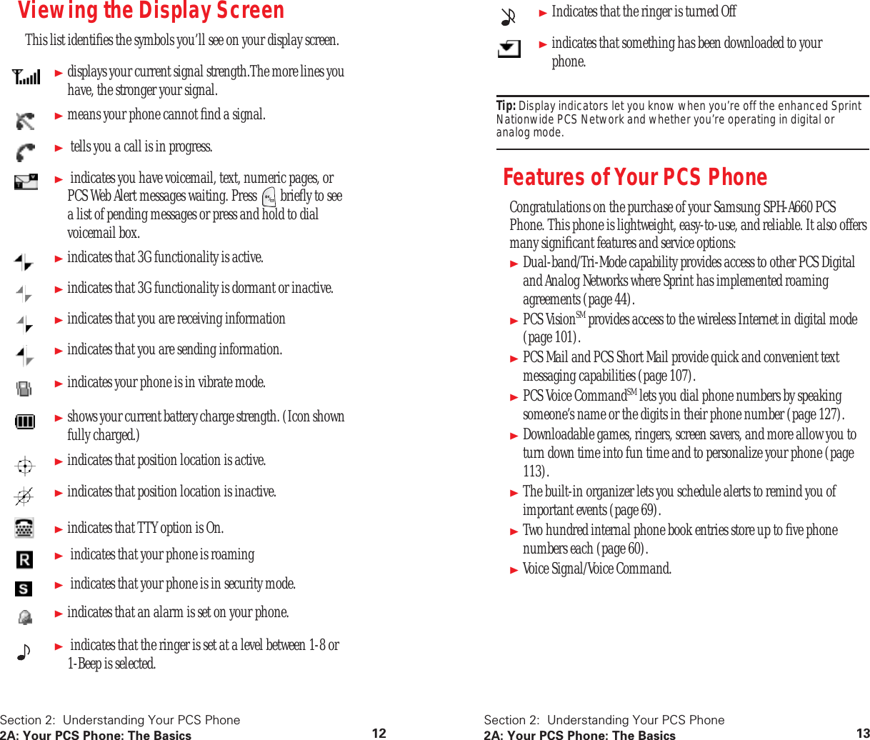 Section 2: Understanding Your PCS Phone 2A: Your PCS Phone: The Basics 12 Viewing the Display Screen This list identifies the symbols you’ll see on your display screen. displays your current signal strength.The more lines you have, the stronger your signal. means your phone cannot find a signal. tells you a call is in progress. indicates you have voicemail, text, numeric pages, or PCS Web Alert messages waiting. Press briefly to see a list of pending messages or press and hold to dial voicemail box. indicates that 3G functionality is active. indicates that 3G functionality is dormant or inactive. indicates that you are receiving information indicates that you are sending information. indicates your phone is in vibrate mode.shows your current battery charge strength. (Icon shown fully charged.)indicates that position location is active.indicates that position location is inactive. indicates that TTY option is On. indicates that your phone is roaming indicates that your phone is in security mode.indicates that an alarm is set on your phone. indicates that the ringer is set at a level between 1-8 or 1-Beep is selected.Section 2: Understanding Your PCS Phone2A: Your PCS Phone: The Basics 13Tip: Display indicators let you know when you’re off the enhanced Sprint Nationwide PCS Network and whether you’re operating in digital or analog mode.Features of Your PCS PhoneCongratulations on the purchase of your Samsung SPH-A660 PCS Phone. This phone is lightweight, easy-to-use, and reliable. It also offers many significant features and service options:Dual-band/Tri-Mode capability provides access to other PCS Digital and Analog Networks where Sprint has implemented roaming agreements (page 44).PCS VisionSM provides access to the wireless Internet in digital mode (page 101).PCS Mail and PCS Short Mail provide quick and convenient text messaging capabilities (page 107).PCS Voice CommandSM lets you dial phone numbers by speaking someone’s name or the digits in their phone number (page 127).Downloadable games, ringers, screen savers, and more allow you to turn down time into fun time and to personalize your phone (page 113).The built-in organizer lets you schedule alerts to remind you of important events (page 69).Two hundred internal phone book entries store up to five phone numbers each (page 60).Voice Signal/Voice Command.Indicates that the ringer is turned Offindicates that something has been downloaded to your phone.