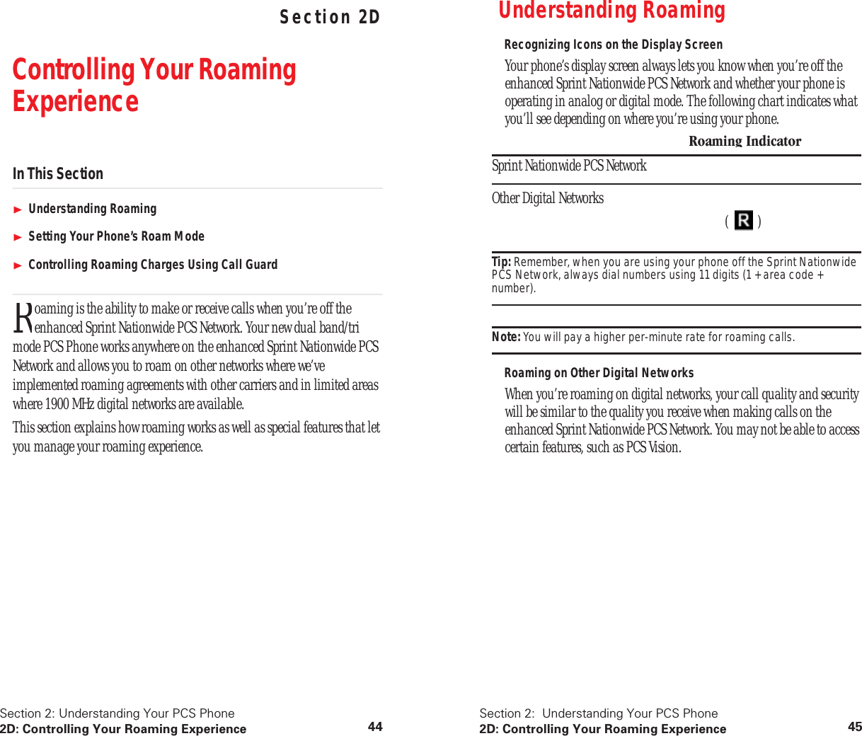 Section 2: Understanding Your PCS Phone2D: Controlling Your Roaming Experience 44 Understanding Your PCS PhoneSection 2DControlling Your Roaming ExperienceIn This SectionUnderstanding RoamingSetting Your Phone’s Roam ModeControlling Roaming Charges Using Call Guardoaming is the ability to make or receive calls when you’re off the enhanced Sprint Nationwide PCS Network. Your new dual band/tri mode PCS Phone works anywhere on the enhanced Sprint Nationwide PCS Network and allows you to roam on other networks where we’ve implemented roaming agreements with other carriers and in limited areas where 1900 MHz digital networks are available.This section explains how roaming works as well as special features that let you manage your roaming experience.RSection 2: Understanding Your PCS Phone2D: Controlling Your Roaming Experience 45Understanding RoamingRecognizing Icons on the Display ScreenYour phone’s display screen always lets you know when you’re off the enhanced Sprint Nationwide PCS Network and whether your phone is operating in analog or digital mode. The following chart indicates what you’ll see depending on where you’re using your phone. Roaming IndicatorSprint Nationwide PCS NetworkOther Digital Networks ( )Tip: Remember, when you are using your phone off the Sprint Nationwide PCS Network, always dial numbers using 11 digits (1 + area code + number).Note: You will pay a higher per-minute rate for roaming calls.Roaming on Other Digital NetworksWhen you’re roaming on digital networks, your call quality and security will be similar to the quality you receive when making calls on the enhanced Sprint Nationwide PCS Network. You may not be able to access certain features, such as PCS Vision.