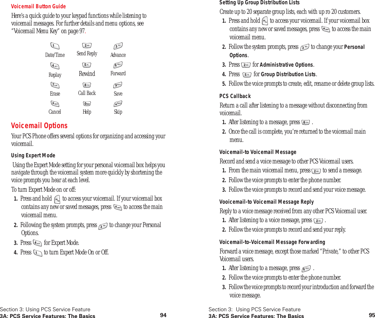 Section 3: Using PCS Service Feature3A: PCS Service Features: The Basics 94Voicemail Button GuideHere’s a quick guide to your keypad functions while listening to voicemail messages. For further details and menu options, see “Voicemail Menu Key” on page 97.Voicemail OptionsYour PCS Phone offers several options for organizing and accessing your voicemail.Using Expert Mode Using the Expert Mode setting for your personal voicemail box helps you navigate through the voicemail system more quickly by shortening the voice prompts you hear at each level.To turn Expert Mode on or off:1. Press and hold to access your voicemail. If your voicemail box contains any new or saved messages, press to access the main voicemail menu.2. Following the system prompts, press to change your Personal Options.3. Press for Expert Mode.4. Press to turn Expert Mode On or Off.Date/Time Send Reply AdvanceReplay Rewind ForwardErase Call Back SaveCancel Help SkipSection 3: Using PCS Service Feature3A: PCS Service Features: The Basics 95Setting Up Group Distribution ListsCreate up to 20 separate group lists, each with up ro 20 customers.1. Press and hold to access your voicemail. If your voicemail box contains any new or saved messages, press to access the main voicemail menu.2. Follow the system prompts, press to change your Personal Options.3. Press for Administrative Options.4. Press for Group Distribution Lists.5. Follow the voice prompts to create, edit, rename or delete group lists.PCS CallbackReturn a call after listening to a message without disconnecting from voicemail.1. After listening to a message, press .2. Once the call is complete, you’re returned to the voicemail main menu.Voicemail-to Voicemail MessageRecord and send a voice message to other PCS Voicemail users.1. From the main voicemail menu, press to send a message.2. Follow the voice prompts to enter the phone number. 3. Follow the voice prompts to record and send your voice message.Vooicemail-to Voicemail Message ReplyReply to a voice message received from any other PCS Voicemail user.1. After listening to a voice message, press .2. Follow the voice prompts to record and send your reply.Voicemail-to-Voicemail Message ForwardingForward a voice message, except those marked “Private,” to other PCS Voicemail users.1. After listening to a message, press .2. Follow the voice prompts to enter the phone number.3. Follow the voice prompts to record your introduction and forward the voice message.