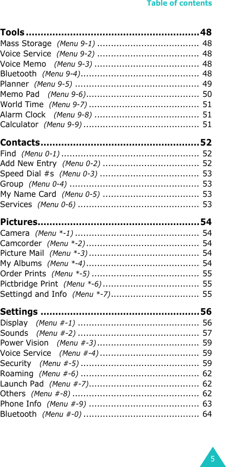 Table of contents5Tools ...........................................................48Mass Storage  (Menu 9-1)..................................... 48Voice Service  (Menu 9-2)..................................... 48Voice Memo   (Menu 9-3)...................................... 48Bluetooth  (Menu 9-4)........................................... 48Planner  (Menu 9-5)............................................. 49Memo Pad   (Menu 9-6)......................................... 50World Time  (Menu 9-7)........................................ 51Alarm Clock   (Menu 9-8)...................................... 51Calculator  (Menu 9-9).......................................... 51Contacts......................................................52Find  (Menu 0-1).................................................. 52Add New Entry  (Menu 0-2)................................... 52Speed Dial #s  (Menu 0-3).................................... 53Group  (Menu 0-4)............................................... 53My Name Card  (Menu 0-5)................................... 53Services  (Menu 0-6)............................................ 53Pictures.......................................................54Camera  (Menu *-1)............................................. 54Camcorder  (Menu *-2)......................................... 54Picture Mail  (Menu *-3)........................................ 54My Albums  (Menu *-4)......................................... 54Order Prints  (Menu *-5)....................................... 55Pictbridge Print  (Menu *-6)................................... 55Settingd and Info  (Menu *-7)................................ 55Settings ......................................................56Display   (Menu #-1)............................................ 56Sounds   (Menu #-2)............................................ 57Power Vision   (Menu #-3)..................................... 59Voice Service   (Menu #-4).................................... 59Security   (Menu #-5)........................................... 59Roaming  (Menu #-6)........................................... 62Launch Pad  (Menu #-7)........................................ 62Others  (Menu #-8).............................................. 62Phone Info  (Menu #-9)........................................ 63Bluetooth  (Menu #-0).......................................... 64
