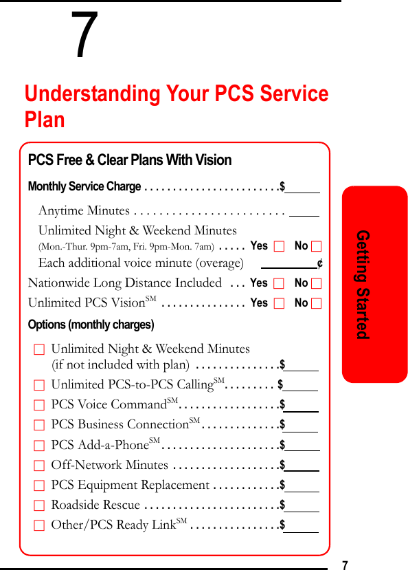 7Getting Started7Understanding Your PCS Service PlanPCS Free &amp; Clear Plans With VisionMonthly Service Charge . . . . . . . . . . . . . . . . . . . . . . . .$     Anytime Minutes . . . . . . . . . . . . . . . . . . . . . . . .          Unlimited Night &amp; Weekend Minutes(Mon.-Thur. 9pm-7am, Fri. 9pm-Mon. 7am) . . . . .  Yes      No Each additional voice minute (overage)                      ¢Nationwide Long Distance Included  . . .  Yes      No Unlimited PCS VisionSM . . . . . . . . . . . . . . .  Yes      No Options (monthly charges)  Unlimited Night &amp; Weekend Minutes (if not included with plan)  . . . . . . . . . . . . . . .$      Unlimited PCS-to-PCS CallingSM. . . . . . . . .  $      PCS Voice CommandSM. . . . . . . . . . . . . . . . . .$  PCS Business ConnectionSM. . . . . . . . . . . . . .$  PCS Add-a-PhoneSM. . . . . . . . . . . . . . . . . . . . .$  Off-Network Minutes . . . . . . . . . . . . . . . . . . .$  PCS Equipment Replacement . . . . . . . . . . . .$  Roadside Rescue . . . . . . . . . . . . . . . . . . . . . . . .$  Other/PCS Ready LinkSM . . . . . . . . . . . . . . . .$