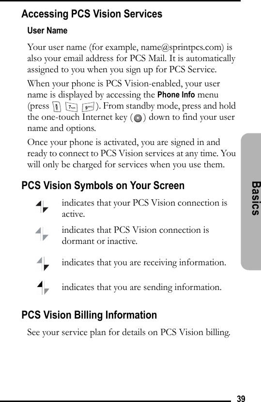 39Basics Accessing PCS Vision ServicesUser NameYour user name (for example, name@sprintpcs.com) is also your email address for PCS Mail. It is automatically assigned to you when you sign up for PCS Service.When your phone is PCS Vision-enabled, your user name is displayed by accessing the Phone Info menu (press      ). From standby mode, press and hold the one-touch Internet key ( ) down to find your user name and options.Once your phone is activated, you are signed in and ready to connect to PCS Vision services at any time. You will only be charged for services when you use them.PCS Vision Symbols on Your ScreenPCS Vision Billing InformationSee your service plan for details on PCS Vision billing.indicates that your PCS Vision connection is active.indicates that PCS Vision connection is dormant or inactive.indicates that you are receiving information.indicates that you are sending information.