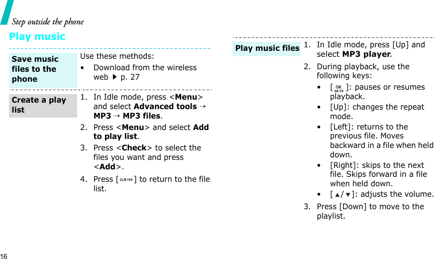 16Step outside the phonePlay musicUse these methods:• Download from the wireless webp. 271. In Idle mode, press &lt;Menu&gt; and select Advanced tools → MP3 → MP3 files.2. Press &lt;Menu&gt; and select Add to play list.3. Press &lt;Check&gt; to select the files you want and press &lt;Add&gt;.4. Press [ ] to return to the file list.Save music files to the phoneCreate a play list1. In Idle mode, press [Up] and select MP3 player.2. During playback, use the following keys:• [ ]: pauses or resumes playback.• [Up]: changes the repeat mode.• [Left]: returns to the previous file. Moves backward in a file when held down.• [Right]: skips to the next file. Skips forward in a file when held down.• [ / ]: adjusts the volume.3. Press [Down] to move to the playlist.Play music files