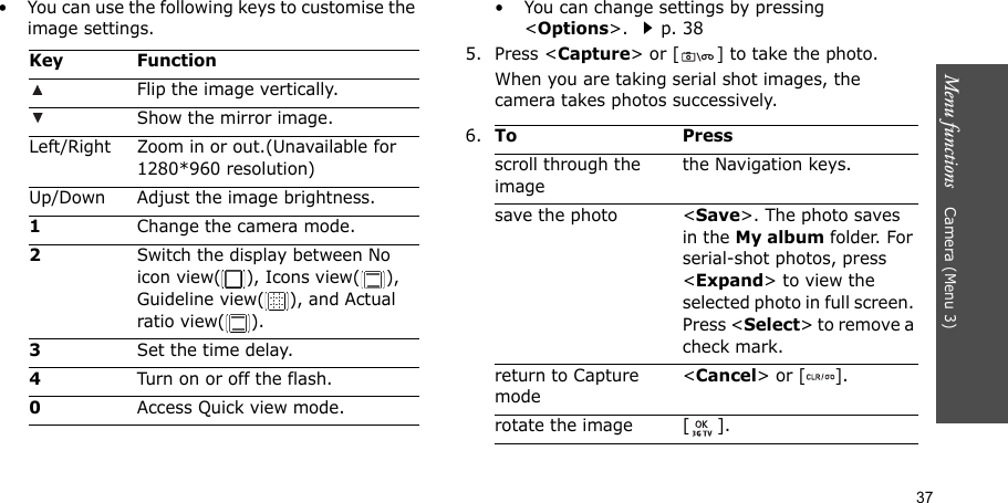 37Menu functions    Camera (Menu 3)• You can use the following keys to customise the image settings.• You can change settings by pressing &lt;Options&gt;. p. 385. Press &lt;Capture&gt; or [ ] to take the photo.When you are taking serial shot images, the camera takes photos successively.Key FunctionFlip the image vertically.Show the mirror image.Left/Right Zoom in or out.(Unavailable for 1280*960 resolution)Up/Down Adjust the image brightness.1Change the camera mode.2Switch the display between No icon view( ), Icons view( ), Guideline view( ), and Actual ratio view( ).3Set the time delay.4Turn on or off the flash.0Access Quick view mode.6.To Pressscroll through the imagethe Navigation keys.save the photo &lt;Save&gt;. The photo saves in the My album folder. For serial-shot photos, press &lt;Expand&gt; to view the selected photo in full screen. Press &lt;Select&gt; to remove a check mark.return to Capture mode&lt;Cancel&gt; or [ ].rotate the image [ ].