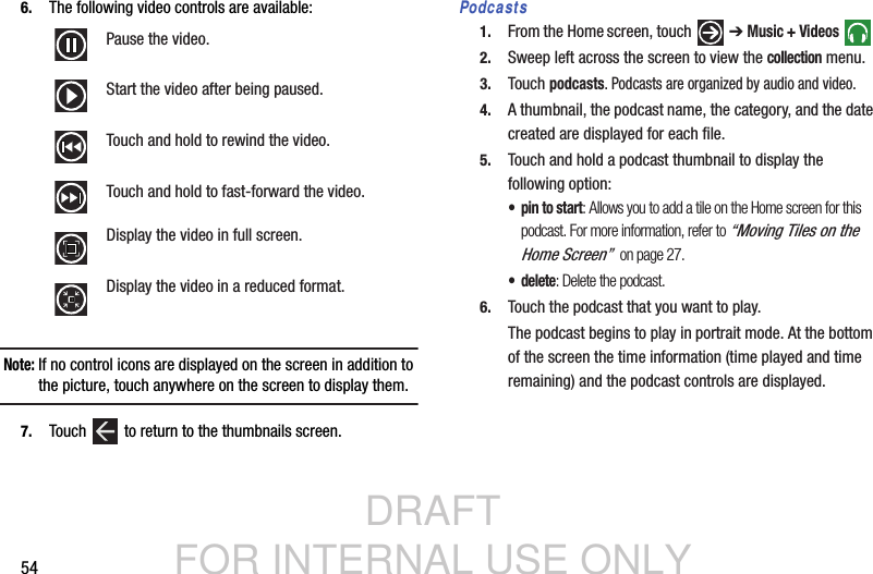 DRAFT FOR INTERNAL USE ONLY546. The following video controls are available:Note: If no control icons are displayed on the screen in addition to the picture, touch anywhere on the screen to display them.7. Touch   to return to the thumbnails screen.Podcasts1. From the Home screen, touch   ➔ Music + Videos  2. Sweep left across the screen to view the collection menu.3. Touch podcasts. Podcasts are organized by audio and video.4. A thumbnail, the podcast name, the category, and the date created are displayed for each file.5. Touch and hold a podcast thumbnail to display the following option:• pin to start: Allows you to add a tile on the Home screen for this podcast. For more information, refer to “Moving Tiles on the Home Screen”  on page 27.•delete: Delete the podcast.6. Touch the podcast that you want to play.The podcast begins to play in portrait mode. At the bottom of the screen the time information (time played and time remaining) and the podcast controls are displayed.Pause the video.Start the video after being paused.Touch and hold to rewind the video.Touch and hold to fast-forward the video.Display the video in full screen.Display the video in a reduced format.