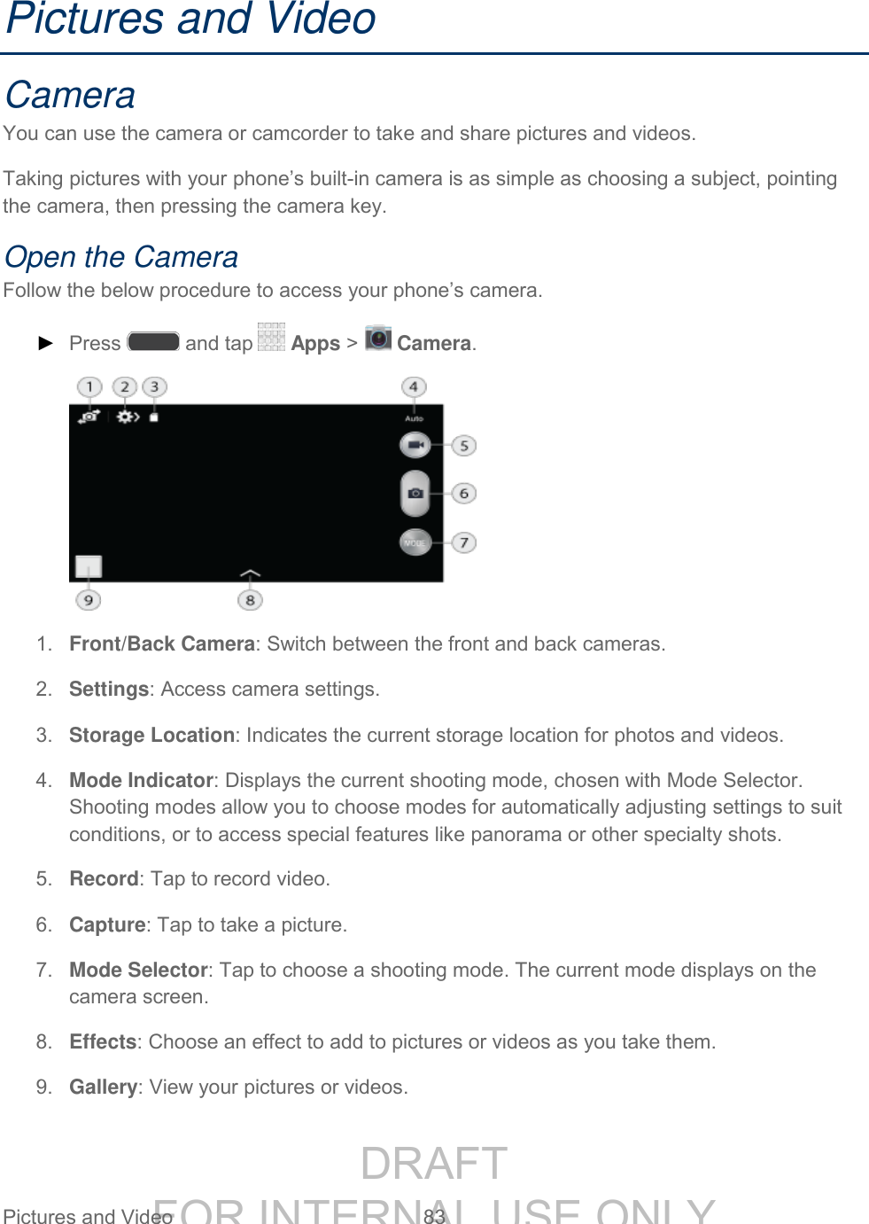 DRAFT FOR INTERNAL USE ONLY Pictures and Video 83 Pictures and Video Camera You can use the camera or camcorder to take and share pictures and videos. Taking pictures with your phone’s built-in camera is as simple as choosing a subject, pointing the camera, then pressing the camera key. Open the Camera Follow the below procedure to access your phone’s camera. ► Press and tap Apps > Camera. 1. Front/Back Camera: Switch between the front and back cameras. 2. Settings: Access camera settings. 3. Storage Location: Indicates the current storage location for photos and videos. 4. Mode Indicator: Displays the current shooting mode, chosen with Mode Selector. Shooting modes allow you to choose modes for automatically adjusting settings to suit conditions, or to access special features like panorama or other specialty shots. 5. Record: Tap to record video. 6. Capture: Tap to take a picture. 7. Mode Selector: Tap to choose a shooting mode. The current mode displays on the camera screen. 8. Effects: Choose an effect to add to pictures or videos as you take them. 9. Gallery: View your pictures or videos.