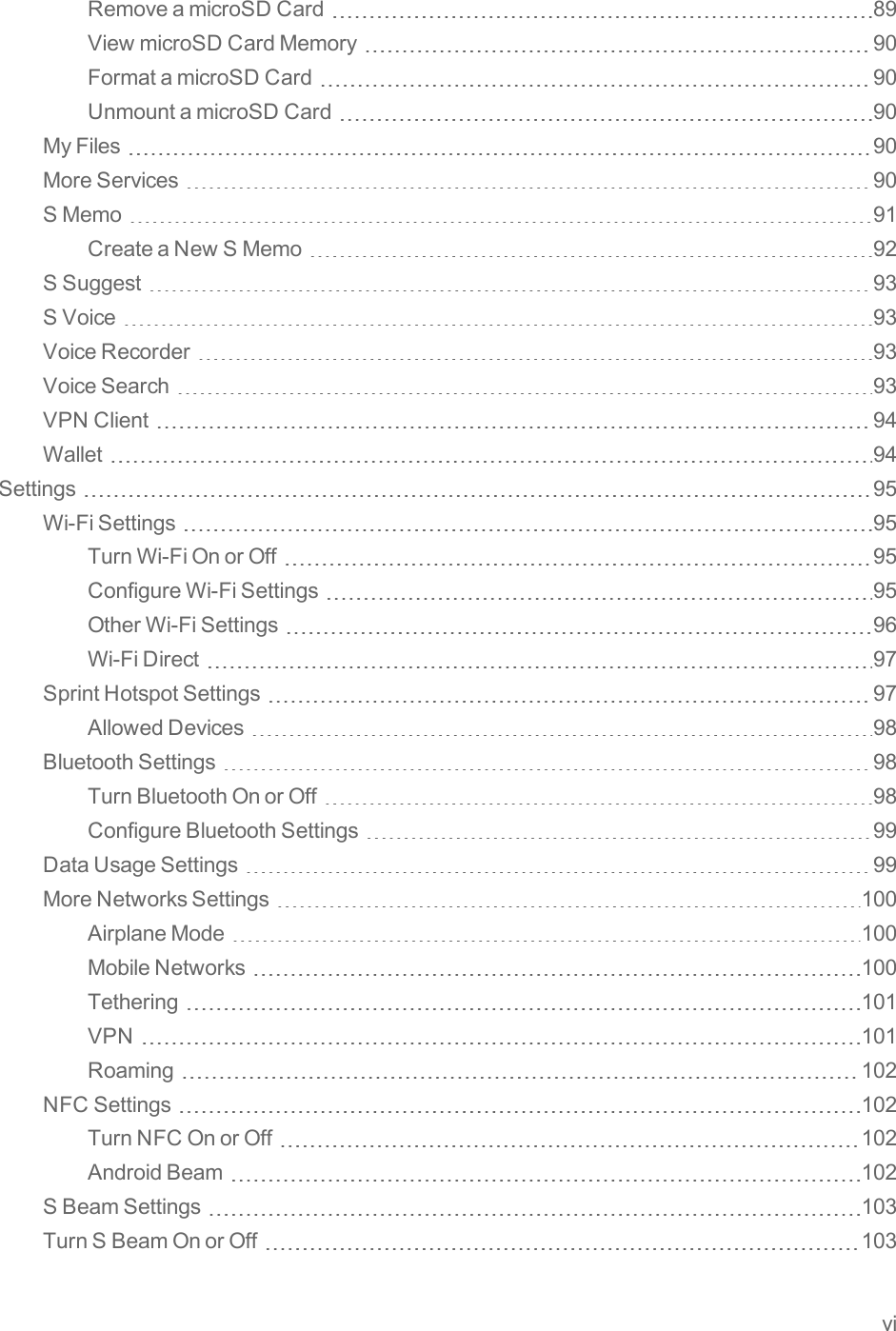 viRemoveamicroSDCard 89ViewmicroSDCardMemory 90FormatamicroSDCard 90UnmountamicroSDCard 90MyFiles 90MoreServices 90SMemo 91CreateaNewSMemo 92SSuggest 93SVoice 93VoiceRecorder 93VoiceSearch 93VPNClient 94Wallet 94Settings 95Wi-FiSettings 95TurnWi-FiOnorOff 95ConfigureWi-FiSettings 95OtherWi-FiSettings 96Wi-FiDirect 97SprintHotspotSettings 97AllowedDevices 98BluetoothSettings 98TurnBluetoothOnorOff 98ConfigureBluetoothSettings 99DataUsageSettings 99MoreNetworksSettings 100AirplaneMode 100MobileNetworks 100Tethering 101VPN 101Roaming 102NFCSettings 102TurnNFCOnorOff 102AndroidBeam 102SBeamSettings 103TurnSBeamOnorOff 103