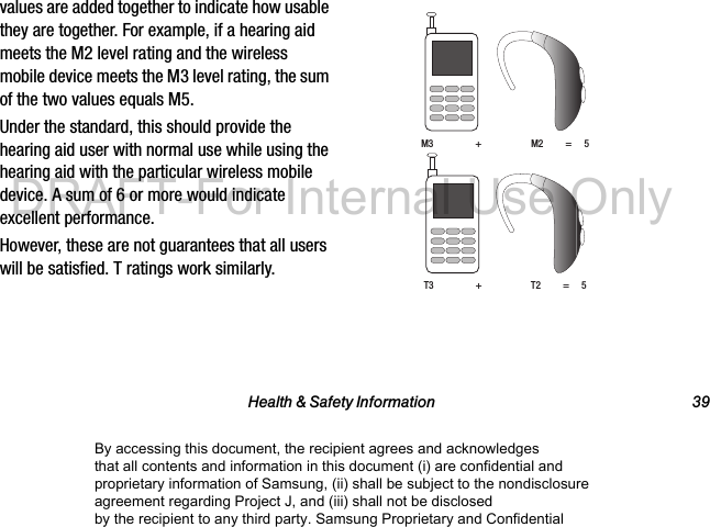 Health & Safety Information 39values are added together to indicate how usable they are together. For example, if a hearing aid meets the M2 level rating and the wireless mobile device meets the M3 level rating, the sum of the two values equals M5. Under the standard, this should provide the hearing aid user with normal use while using the hearing aid with the particular wireless mobile device. A sum of 6 or more would indicate excellent performance. However, these are not guarantees that all users will be satisfied. T ratings work similarly. M3 + M2 = 5T3 + T2 = 5By accessing this document, the recipient agrees and acknowledges that all contents and information in this document (i) are confidential and proprietary information of Samsung, (ii) shall be subject to the nondisclosure agreement regarding Project J, and (iii) shall not be disclosed by the recipient to any third party. Samsung Proprietary and ConfidentialDRAFT-For Internal Use Only