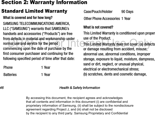 46 Health &amp; Safety InformationSection 2: Warranty InformationStandard Limited WarrantyWhat is covered and for how long?SAMSUNG TELECOMMUNICATIONS AMERICA, LLC (“SAMSUNG”) warrants that SAMSUNG’s handsets and accessories (“Products”) are free from defects in material and workmanship under normal use and service for the period commencing upon the date of purchase by the first consumer purchaser and continuing for the following specified period of time after that date:What is not covered?This Limited Warranty is conditioned upon proper use of the Product. This Limited Warranty does not cover: (a) defects or damage resulting from accident, misuse, abnormal use, abnormal conditions, improper storage, exposure to liquid, moisture, dampness, sand or dirt, neglect, or unusual physical, electrical or electromechanical stress; (b) scratches, dents and cosmetic damage, Phone 1 YearBatteries 1 YearCase/Pouch/Holster 90 DaysOther Phone Accessories 1 YearBy accessing this document, the recipient agrees and acknowledges that all contents and information in this document (i) are confidential and proprietary information of Samsung, (ii) shall be subject to the nondisclosure agreement regarding Project J, and (iii) shall not be disclosed by the recipient to any third party. Samsung Proprietary and ConfidentialDRAFT-For Internal Use Only