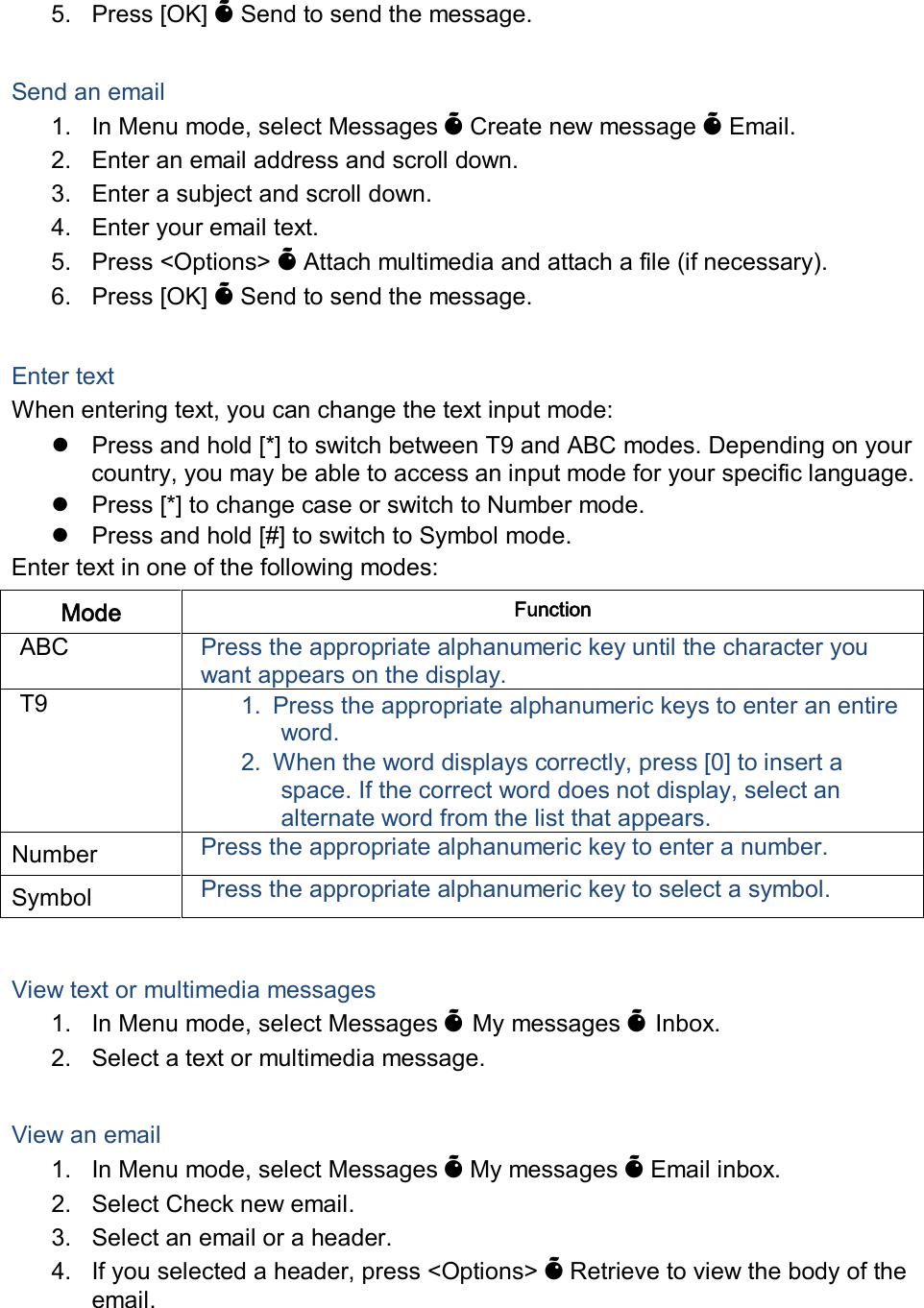 5.  Press [OK] &Otilde; Send to send the message.  Send an email 1.  In Menu mode, select Messages &Otilde; Create new message &Otilde; Email. 2.  Enter an email address and scroll down. 3.  Enter a subject and scroll down. 4.  Enter your email text. 5.  Press <Options> &Otilde; Attach multimedia and attach a file (if necessary). 6.  Press [OK] &Otilde; Send to send the message.  Enter text When entering text, you can change the text input mode:   Press and hold [*] to switch between T9 and ABC modes. Depending on your country, you may be able to access an input mode for your specific language.   Press [*] to change case or switch to Number mode.   Press and hold [#] to switch to Symbol mode. Enter text in one of the following modes: Mode  Function ABC  Press the appropriate alphanumeric key until the character you want appears on the display. T9  1.  Press the appropriate alphanumeric keys to enter an entire word. 2.  When the word displays correctly, press [0] to insert a space. If the correct word does not display, select an alternate word from the list that appears. Number  Press the appropriate alphanumeric key to enter a number. Symbol  Press the appropriate alphanumeric key to select a symbol.  View text or multimedia messages 1.  In Menu mode, select Messages &Otilde; My messages &Otilde; Inbox. 2.  Select a text or multimedia message.  View an email 1.  In Menu mode, select Messages &Otilde; My messages &Otilde; Email inbox. 2.  Select Check new email. 3.  Select an email or a header. 4.  If you selected a header, press <Options> &Otilde; Retrieve to view the body of the email. 