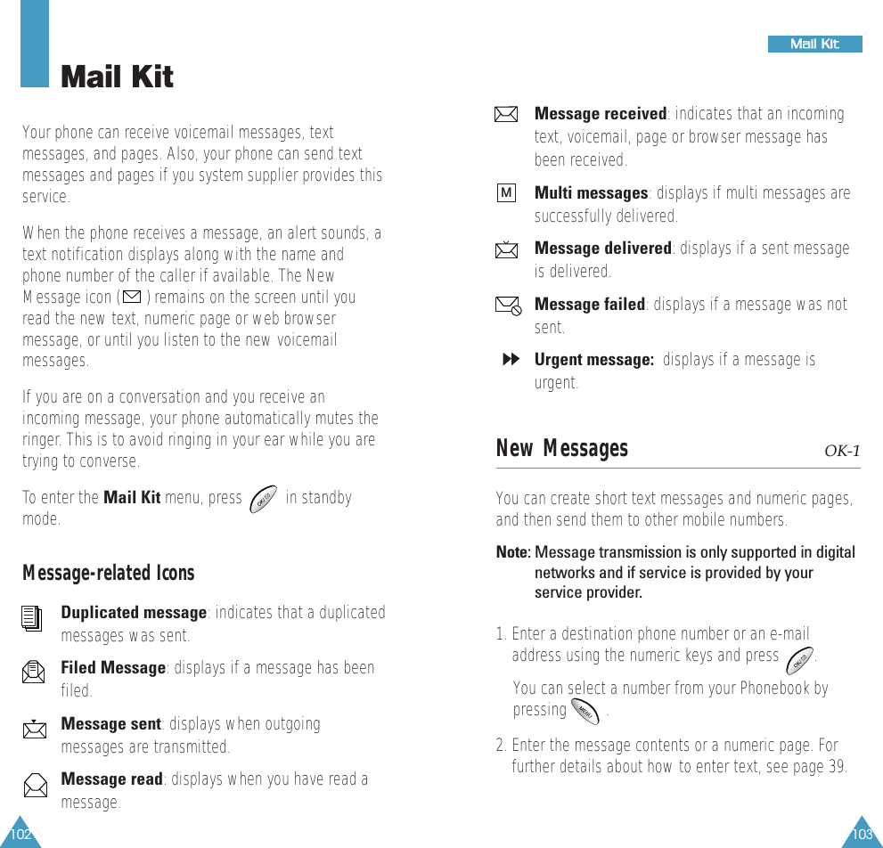 103MMaaiill  KKiitt102Mail KitYour phone can receive voicemail messages, textmessages, and pages. Also, your phone can send textmessages and pages if you system supplier provides thisservice. When the phone receives a message, an alert sounds, atext notification displays along with the name andphone number of the caller if available. The NewMessage icon ( ) remains on the screen until youread the new text, numeric page or web browsermessage, or until you listen to the new voicemailmessages.If you are on a conversation and you receive anincoming message, your phone automatically mutes theringer. This is to avoid ringing in your ear while you aretrying to converse.To enter the Mail Kit menu, press          in standbymode.Message-related IconsDuplicated message: indicates that a duplicatedmessages was sent.Filed Message: displays if a message has beenfiled.Message sent: displays when outgoingmessages are transmitted.Message read: displays when you have read amessage.Message received: indicates that an incomingtext, voicemail, page or browser message hasbeen received.Multi messages: displays if multi messages aresuccessfully delivered.Message delivered: displays if a sent messageis delivered.Message failed: displays if a message was notsent.Urgent message:  displays if a message isurgent.New Messages OK-1You can create short text messages and numeric pages,and then send them to other mobile numbers. Note: Message transmission is only supported in digitalnetworks and if service is provided by yourservice provider.1. Enter a destination phone number or an e-mailaddress using the numeric keys and press        . You can select a number from your Phonebook bypressing         .2. Enter the message contents or a numeric page. Forfurther details about how to enter text, see page 39.M