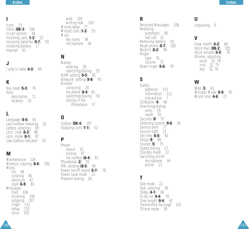 130IInnddeexx131IInnddeexxIIcons &bull; 13Inbox (OK-3) &bull; 106In-call options &bull; 34Incoming calls (1-2) &bull; 53Incoming data/fax (9-7) &bull; 93Installing battery &bull; 17Internet &bull; 61JJump to date (4-3) &bull; 69KKey beep (5-3) &bull; 76Keysdescription &bull; 11location &bull; 10LLanguage (6-5) &bull; 81Last number redialing &bull; 25Letters, entering &bull; 39Lock  code (0-3) &bull; 98Lock  mode (0-1) &bull; 97Low battery indicator &bull; 20MMaintenance &bull; 124Memory, clearing (0-6) &bull; 100Menulist &bull; 48scrolling &bull; 46shortcuts &bull; 47style (6-9) &bull; 83Messagesfiled &bull; 108incoming &bull; 106outgoing &bull; 107ringer &bull; 111setup &bull; 110voice &bull; 105web &bull; 109writing new &bull; 103Minute beep &bull; 77Missed calls (1-3) &bull; 53Mutekey tones &bull; 34microphone &bull; 34NNamesentering &bull; 39searching/dialing &bull; 55NAM setting (9-5) &bull; 92Network, setting (9-8) &bull; 95Numbercorrecting &bull; 24my phone (6-4)&bull; 81searching/dialing &bull; 59storing in the Phonebook &bull; 57OOutbox (OK-4) &bull; 107Outgoing calls (1-1) &bull; 52PPhone layout &bull; 10locking &bull; 97my number (6-4) &bull; 81Phonebook (2) &bull; 55PIN, sending (0-5) &bull; 99Power on/off sound (5-7) &bull; 78Power save mode &bull; 23Prepend dialing &bull; 26RReceived Messages &bull; 106Redialing automatic &bull; 90last call &bull;25Removing battery &bull; 18Reset phone (0-7) &bull; 100Restrict (0-2) &bull; 98Ringertype &bull; 76volume &bull; 75Roam ringer (5-6) &bull; 78SSafetybatteries &bull; 115information &bull; 112precautions &bull; 7Scheduler (4) &bull; 66Searching/dialingentry &bull; 59name &bull; 55Security (0) &bull; 97Selecting system (9-6) &bull; 92Service alert &bull; 77Service light &bull; 15Set time (6-6) &bull; 82Setup (9) &bull; 90Sounds (5) &bull; 75Speed dialing &bull; 27Standby mode &bull; 22Switching on/off microphone &bull; 34phone &bull; 21TTalk mode &bull; 22Text, entering &bull; 39Today (4-1) &bull; 66To do list (4-4) &bull; 70Tone length (9-4) &bull; 91Transmitted message &bull; 103T9 text mode &bull; 39UUnpacking &bull; 9VView month (4-2) &bull; 68Voice mail (OK-2) &bull; 105Voice volume (5-5) &bull; 78Volume, adjustingvoice &bull; 32, 78ring &bull; 32, 75key &bull; 32, 76WWeb (3)&bull; 61Whisper Mode (9-9) &bull; 95World time (4-6) &bull; 72